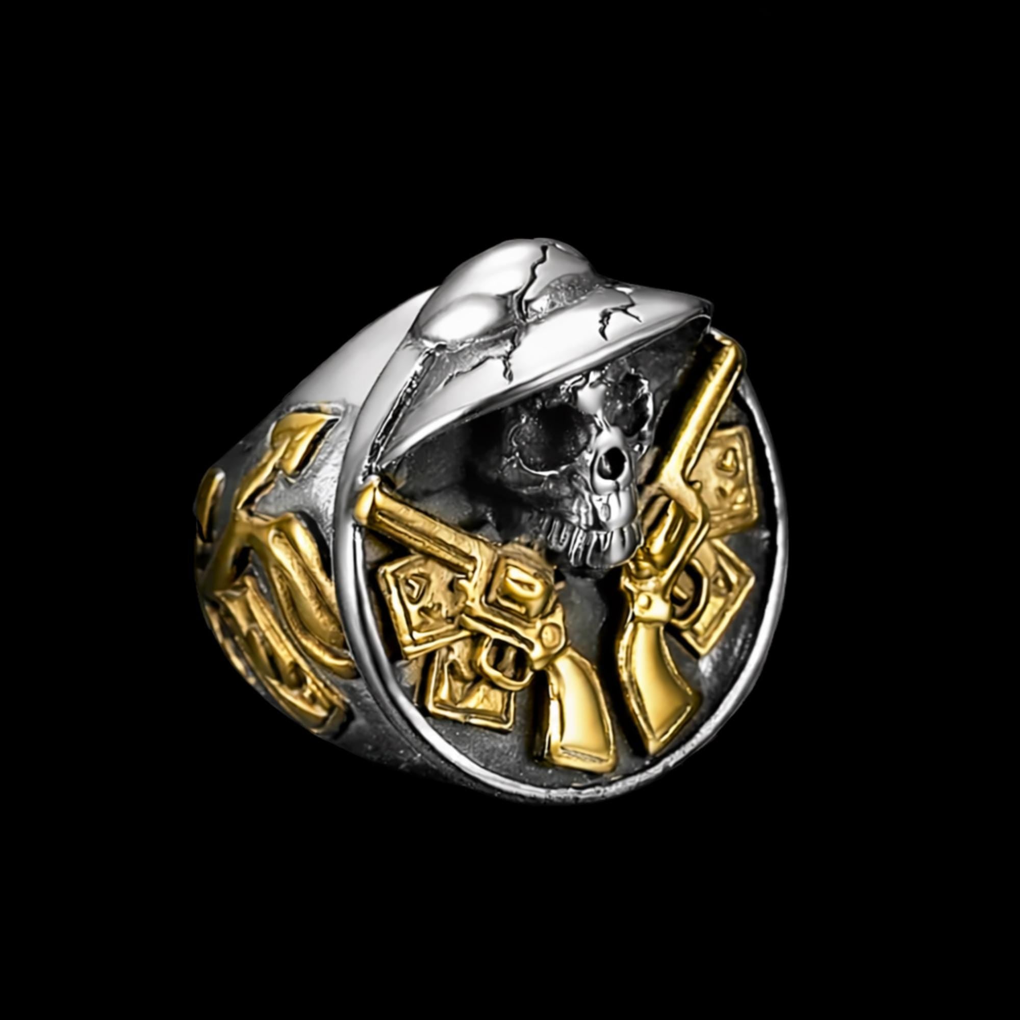 Stainless Steel Biker Skull Ring with 18K Gold Detail, Men’s Statement Ring