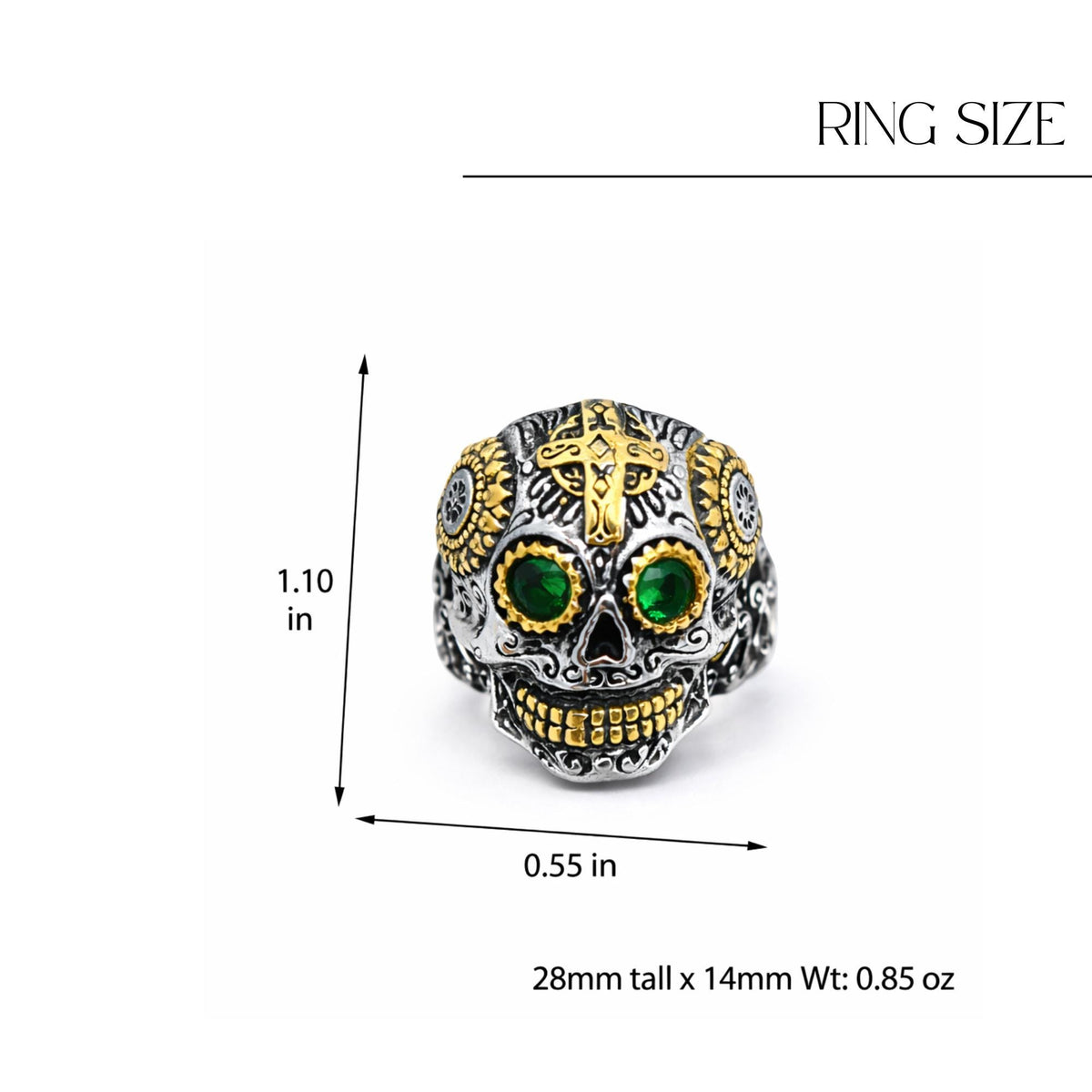 Mens Sugar Skull Ring with Green Stone, Chunky Biker Skull Ring for Motorcycle Style