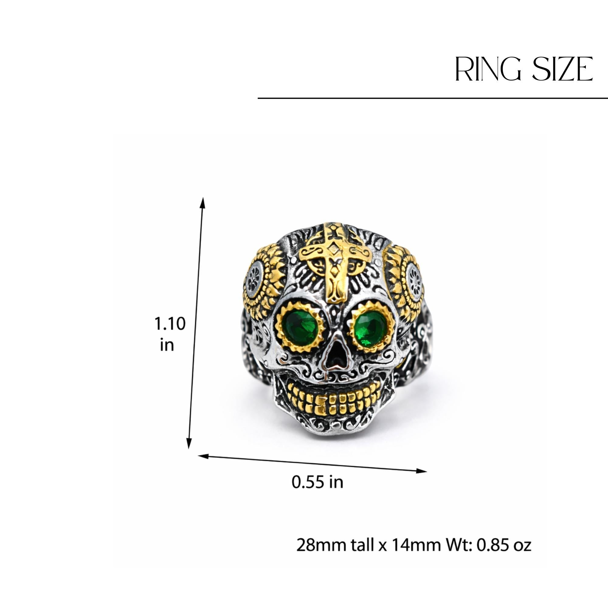 Mens Sugar Skull Ring with Green Stone, Chunky Biker Skull Ring for Motorcycle Style