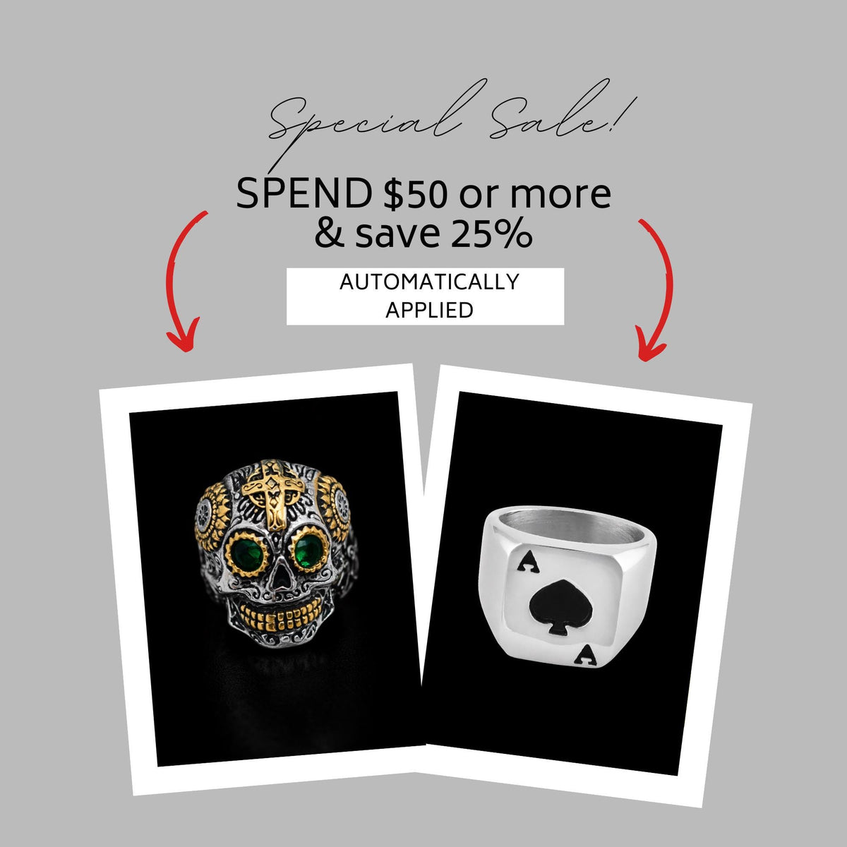 Mens Sugar Skull Ring with Green Stone, Chunky Biker Skull Ring for Motorcycle Style