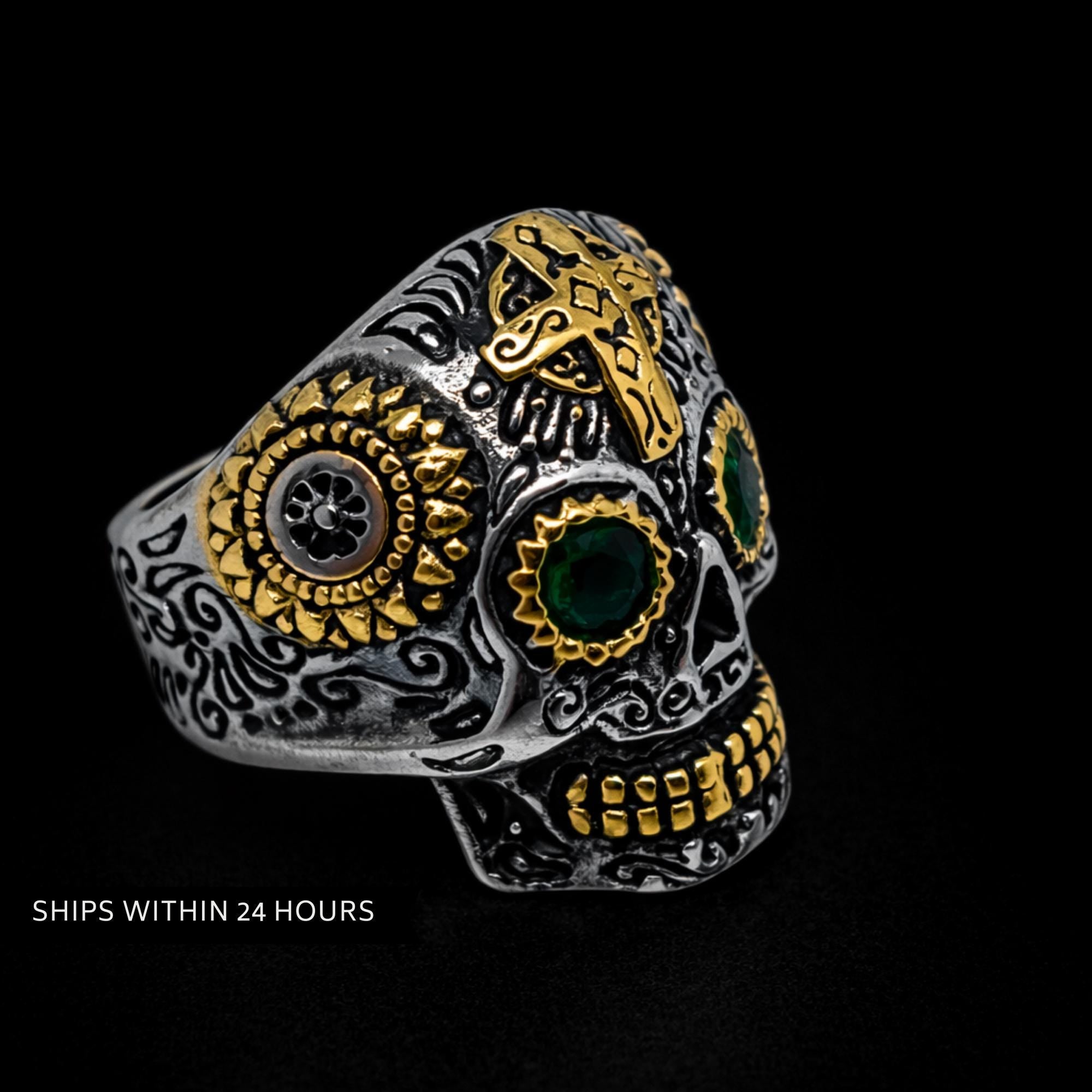 Mens Sugar Skull Ring with Green Stone, Chunky Biker Skull Ring for Motorcycle Style