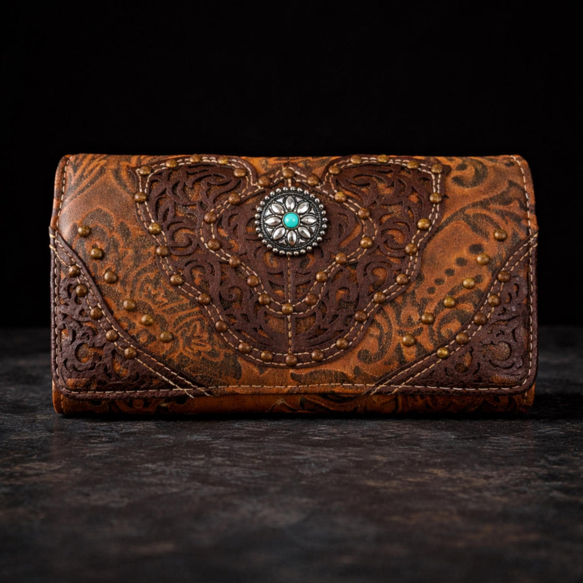 Tooled Western Trifold Wallet Clutch with Crossbody Strap