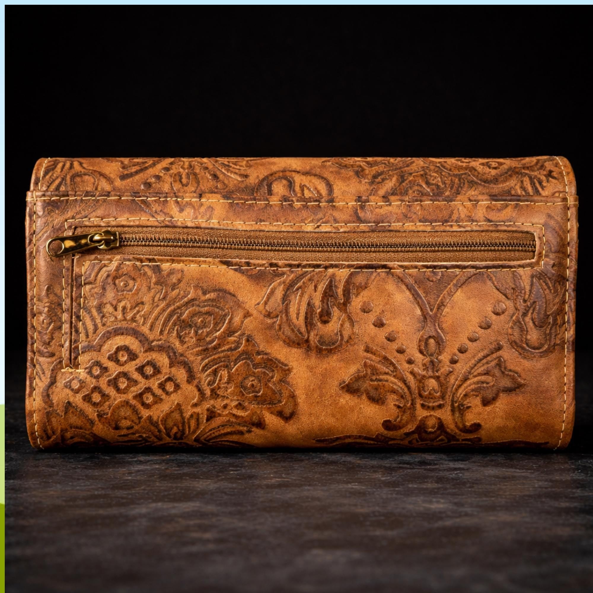 Tooled Western Trifold Wallet Clutch with Crossbody Strap