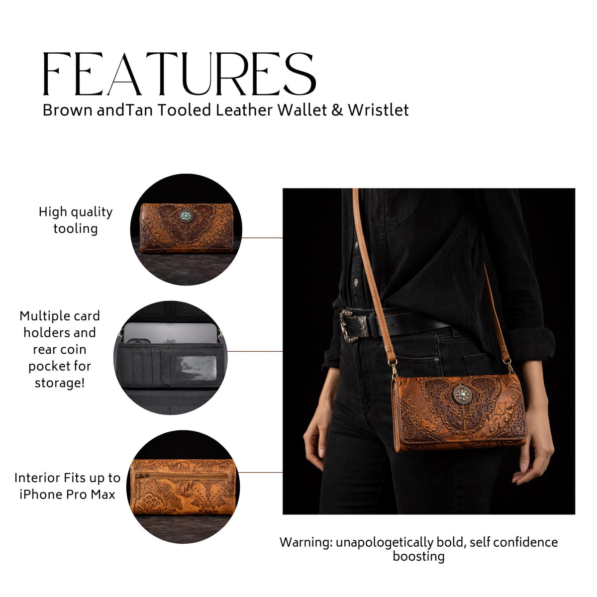 Tooled Western Trifold Wallet Clutch with Crossbody Strap