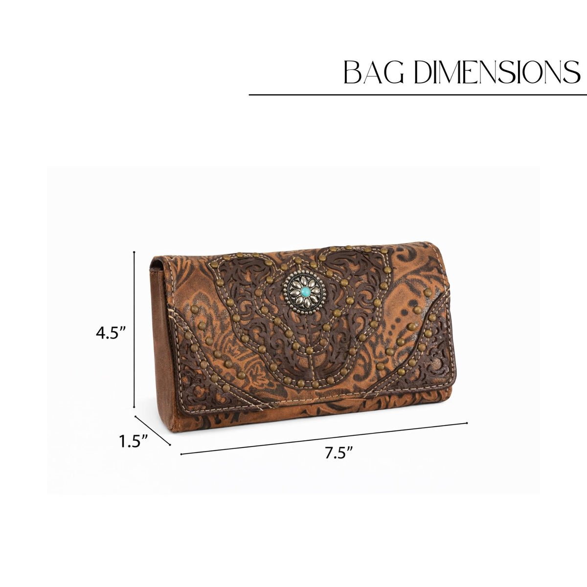 Tooled Western Trifold Wallet Clutch with Crossbody Strap