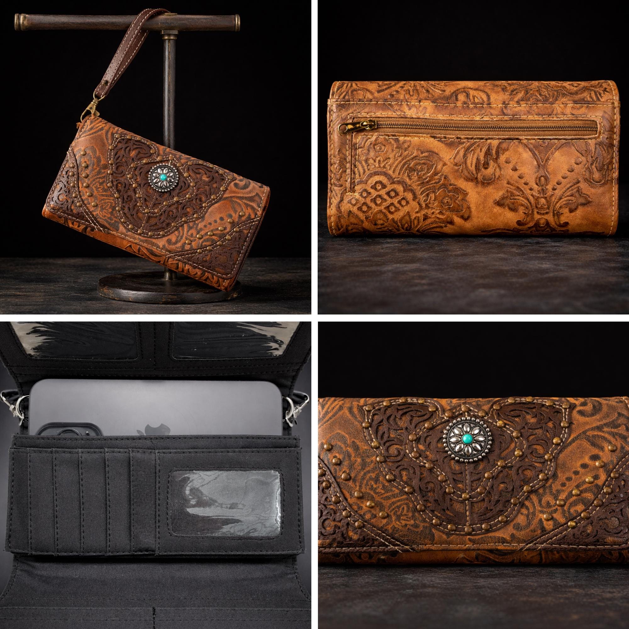 Tooled Western Trifold Wallet Clutch with Crossbody Strap