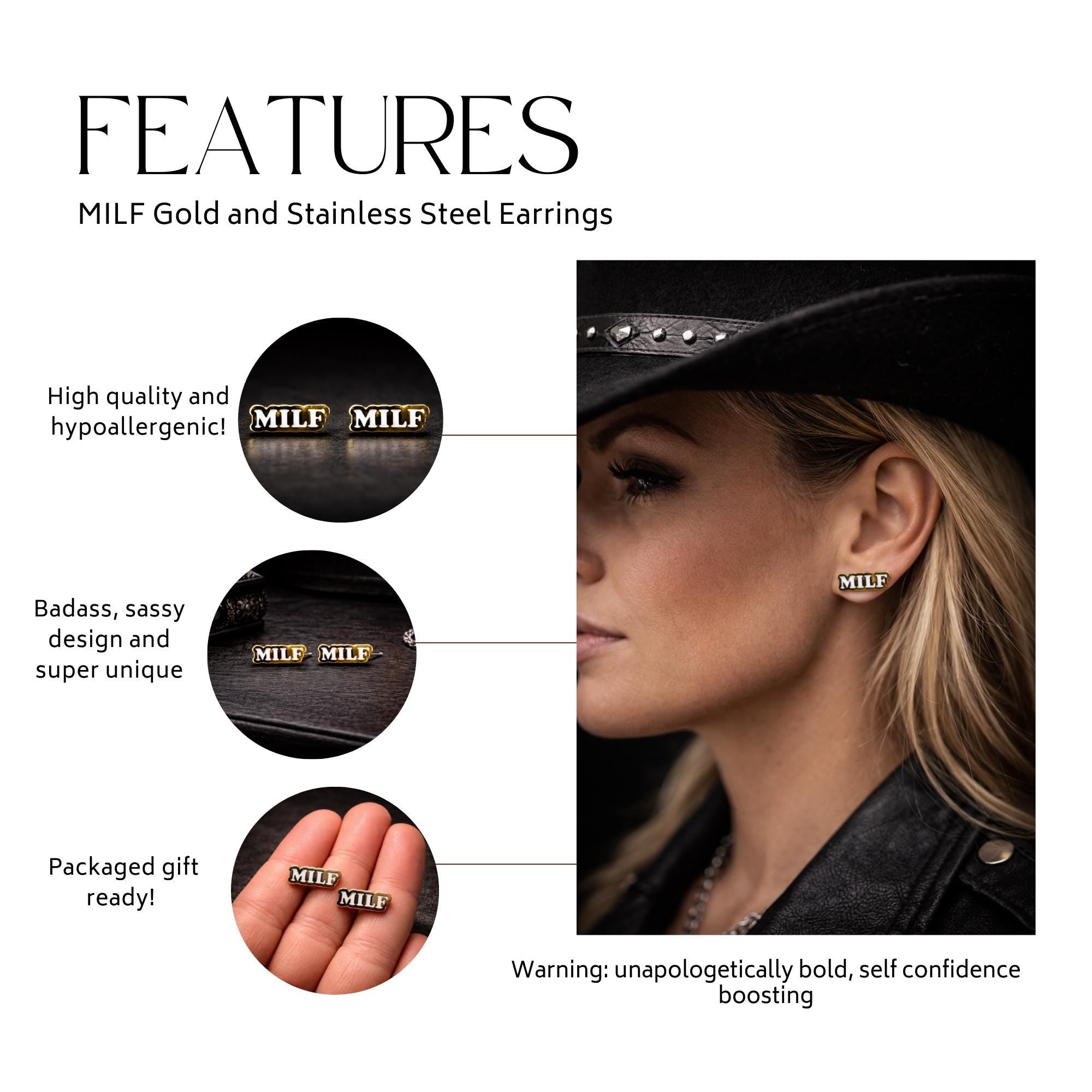 Gold and White MILF Stud Earrings, Funny Stainless Steel Statement Earrings