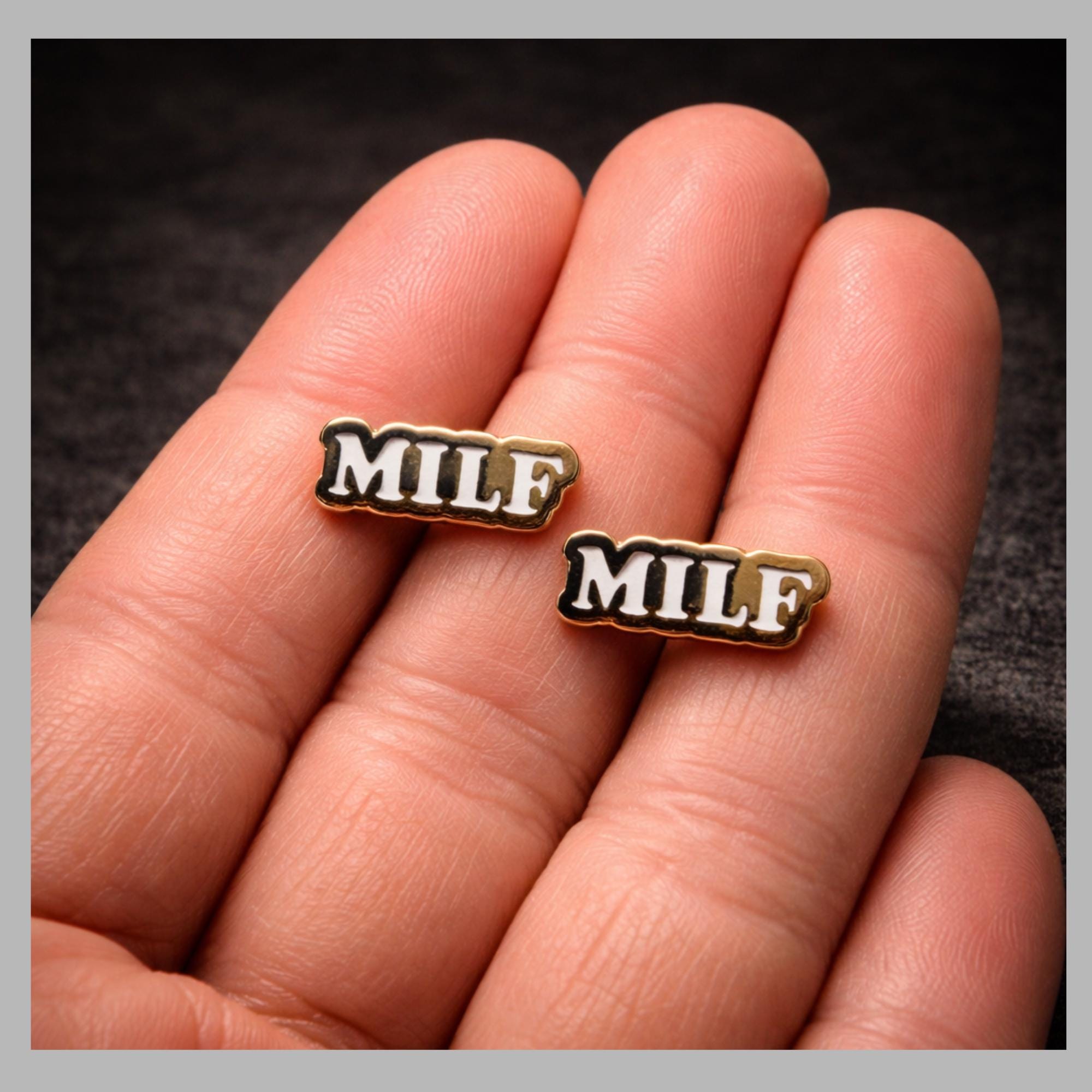 Gold and White MILF Stud Earrings, Funny Stainless Steel Statement Earrings