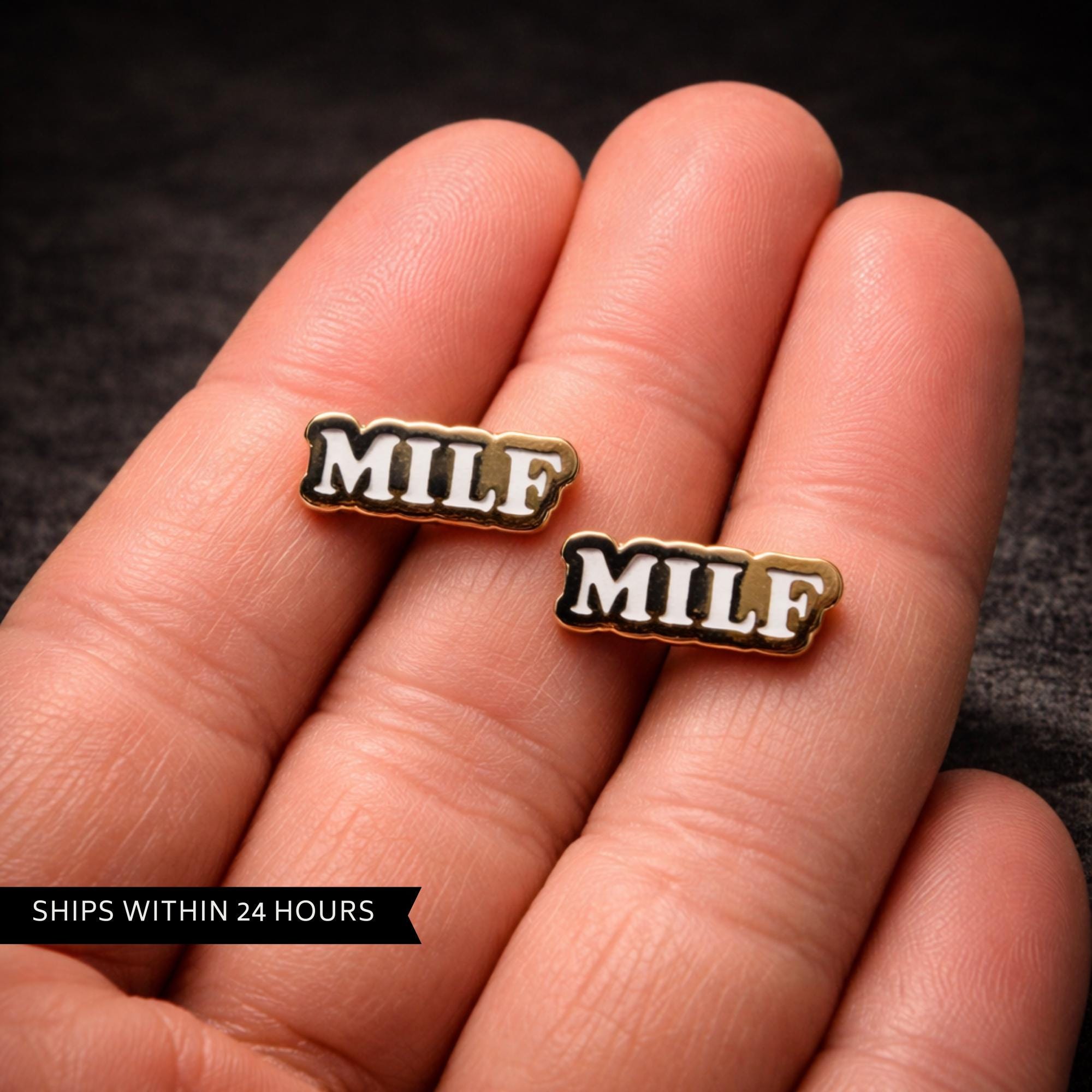 Gold and White MILF Stud Earrings, Funny Stainless Steel Statement Earrings
