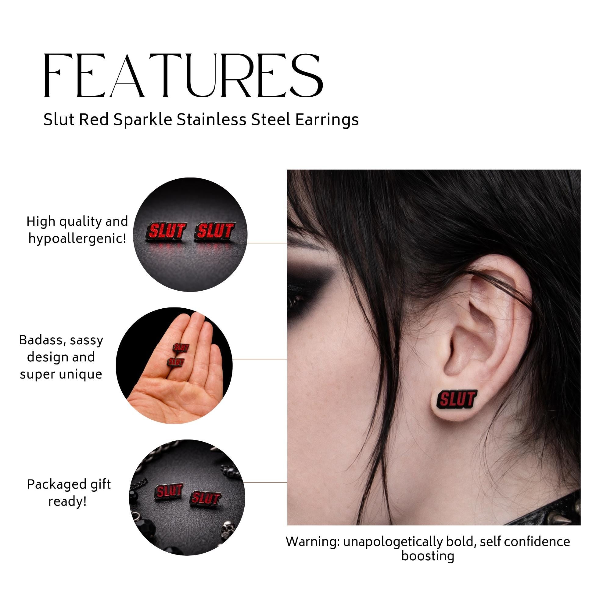 Red Sparkle Bachelorette Stud Earrings, Bold Stainless Steel Statement Jewelry