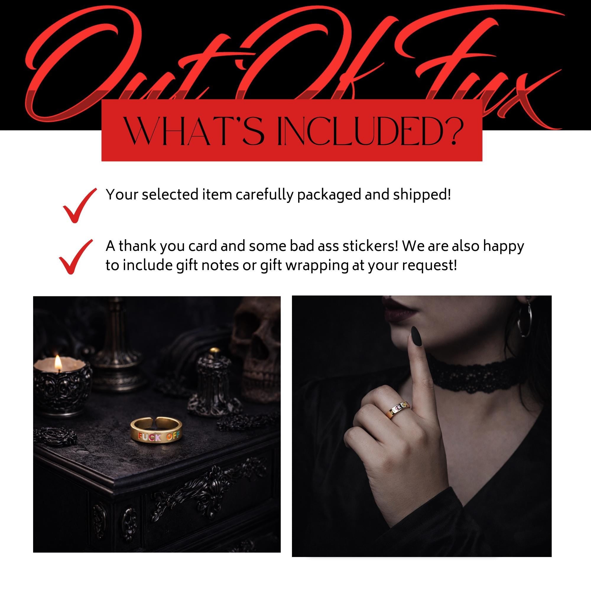 Colorful Fuck Off Ring, Gold Adjustable Statement Jewelry with Bold Swear Word