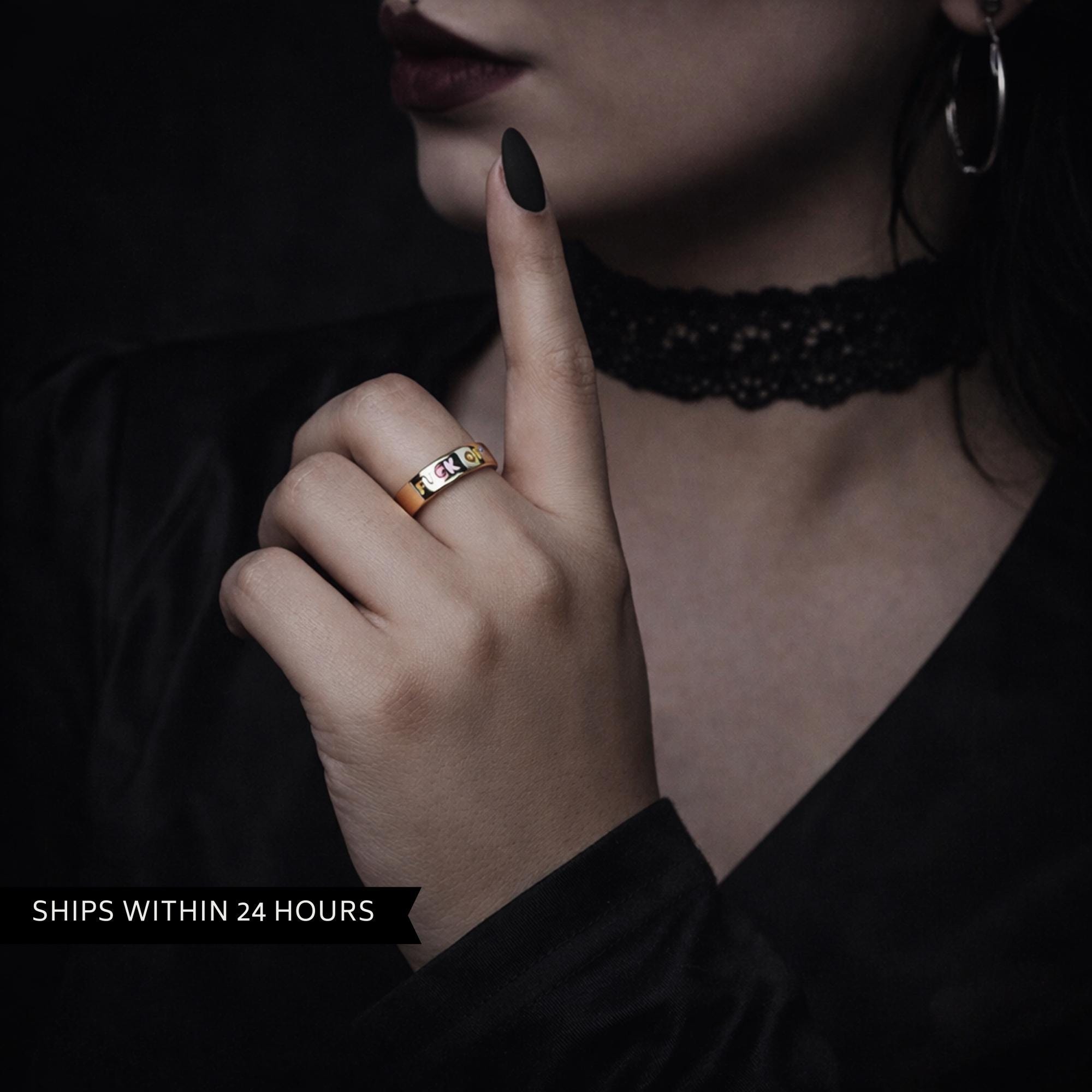 Colorful Fuck Off Ring, Gold Adjustable Statement Jewelry with Bold Swear Word