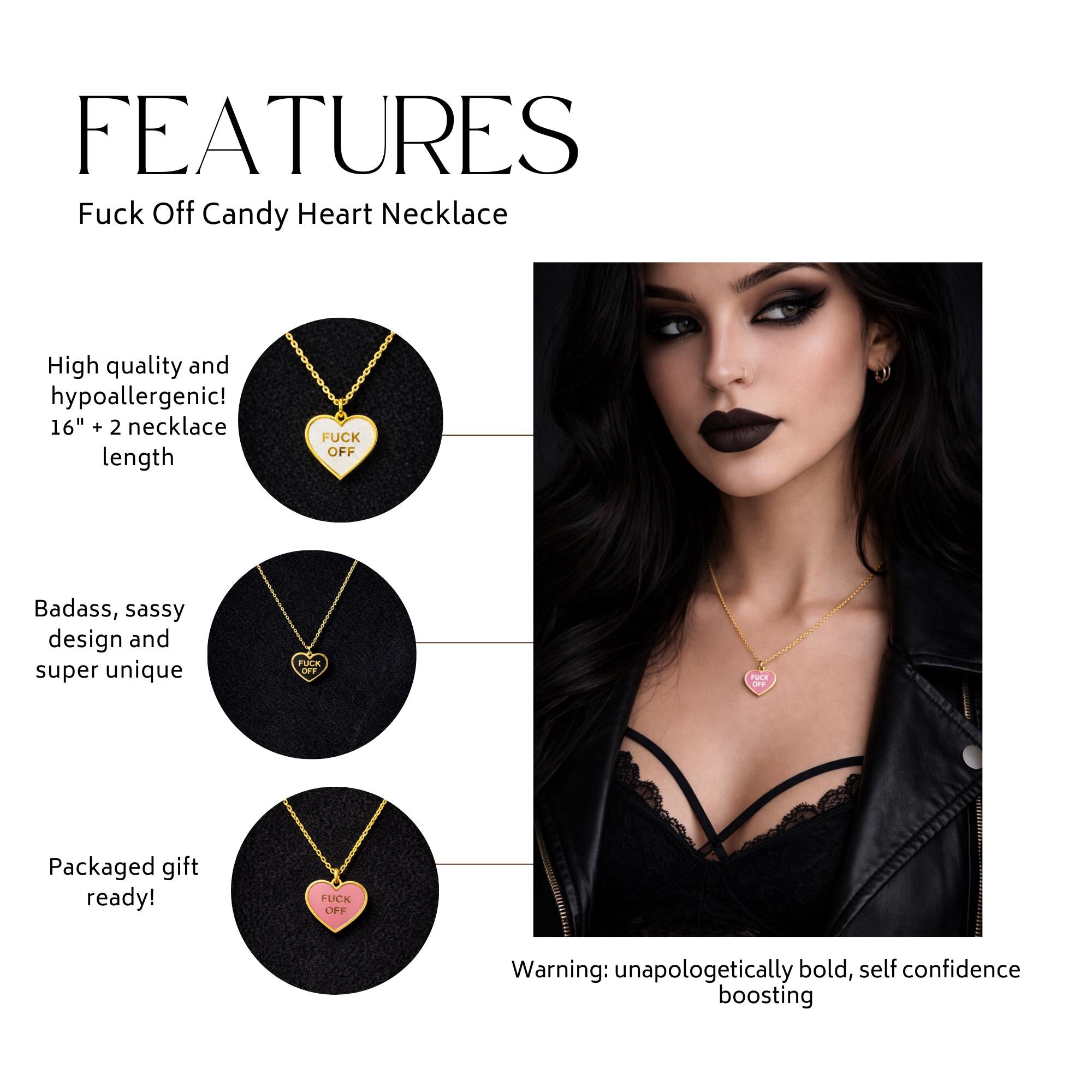 Fuck Off Heart Necklace, Edgy Brass Charm Necklace with 16 Inch Chain