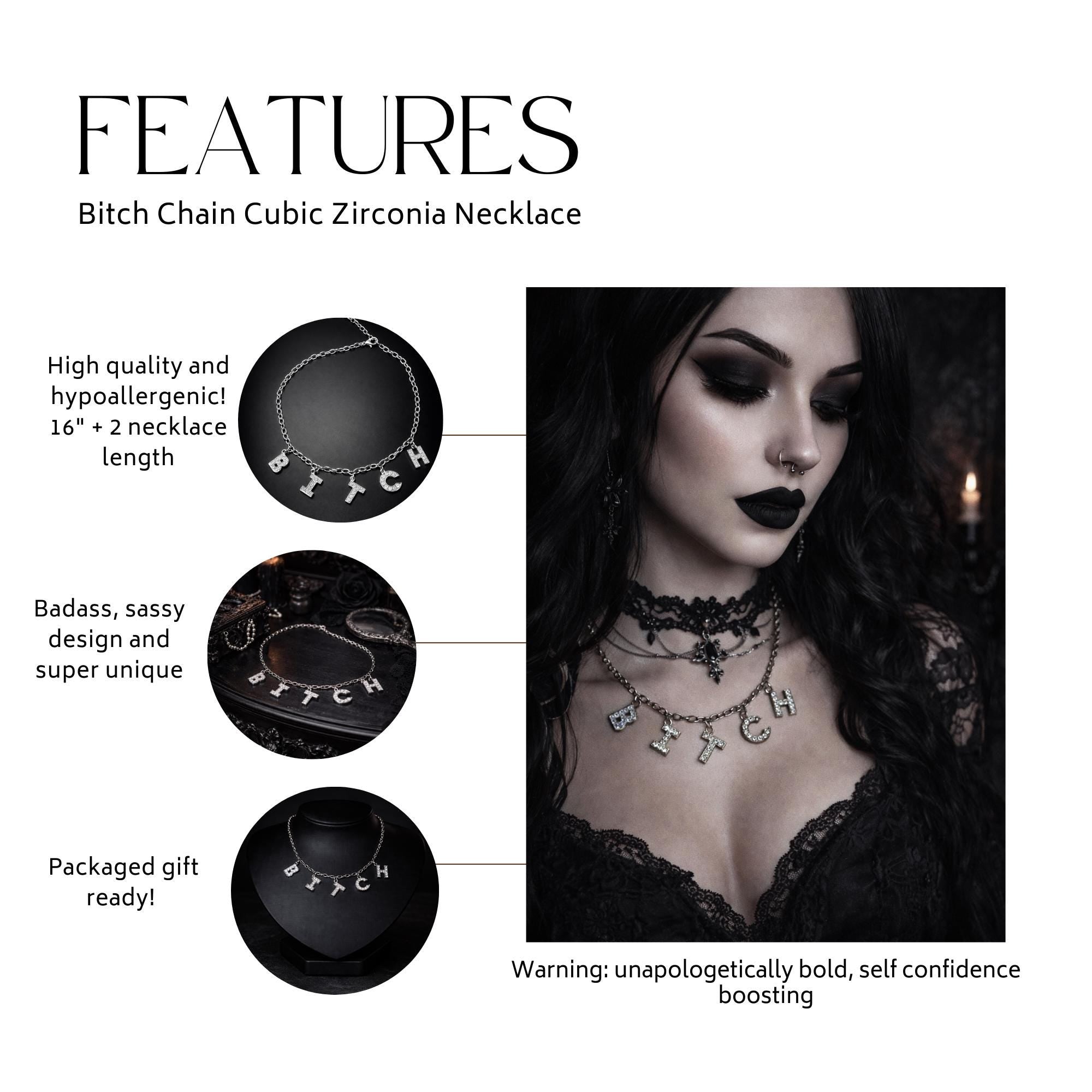 Silver Swear Word Necklace, Stainless Steel Pavé CZ Statement Chain