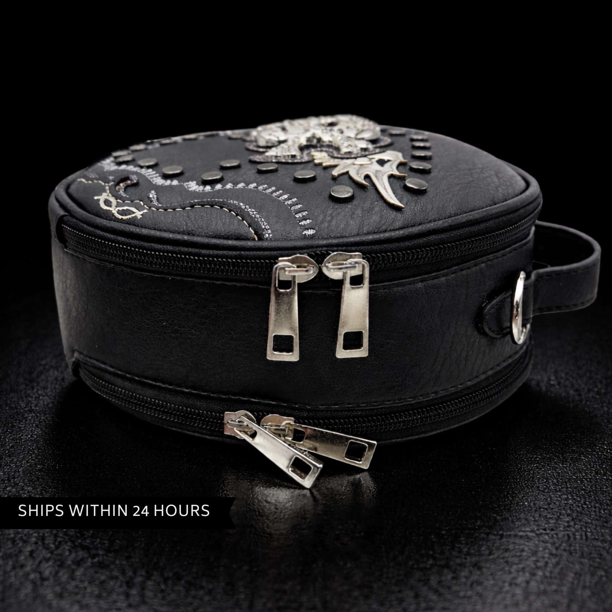 Gothic Skull Crossbody Purse with Rhinestones and Studded Detail