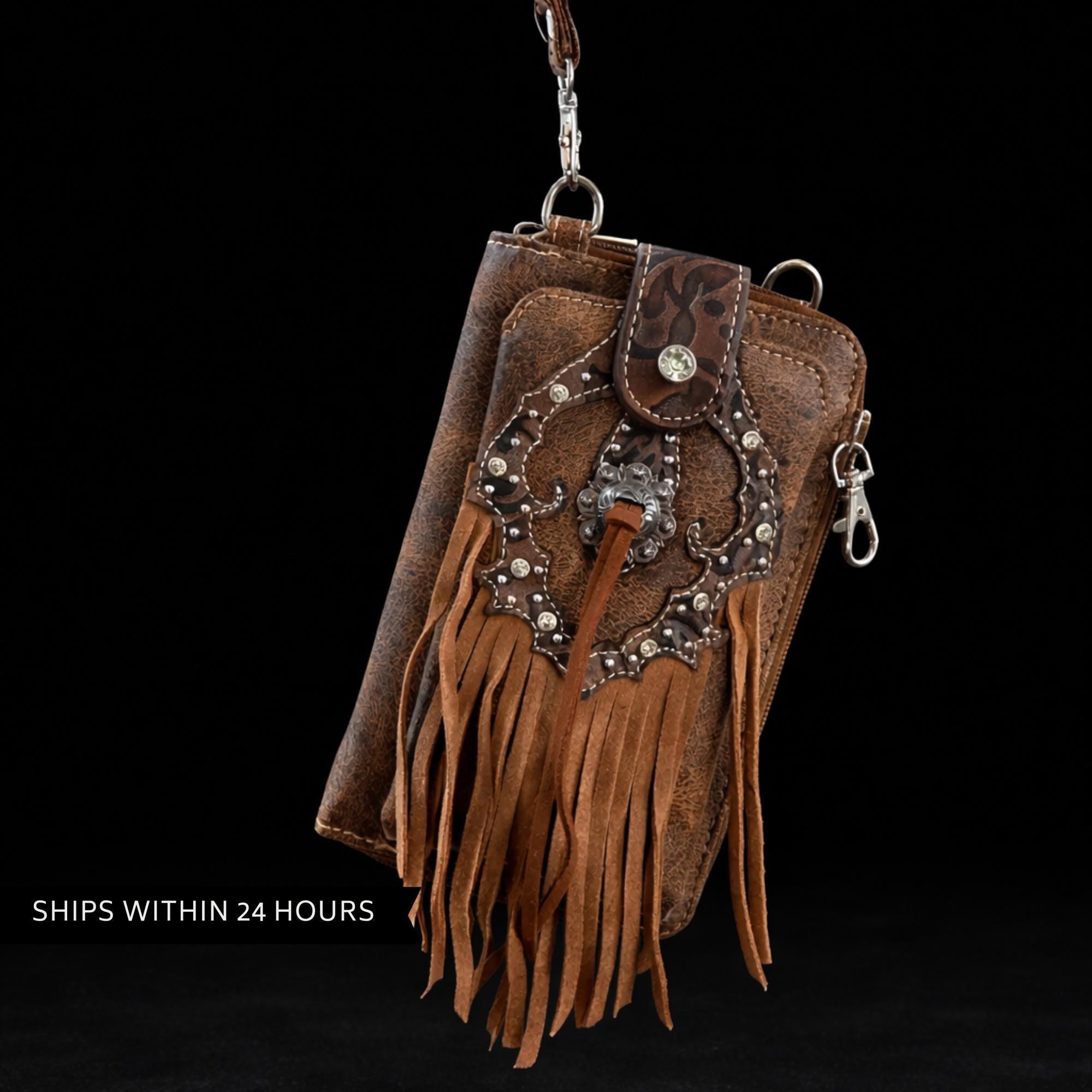 Brown Leather Western Fringe Phone Wallet Crossbody, Cowgirl Statement Accessory