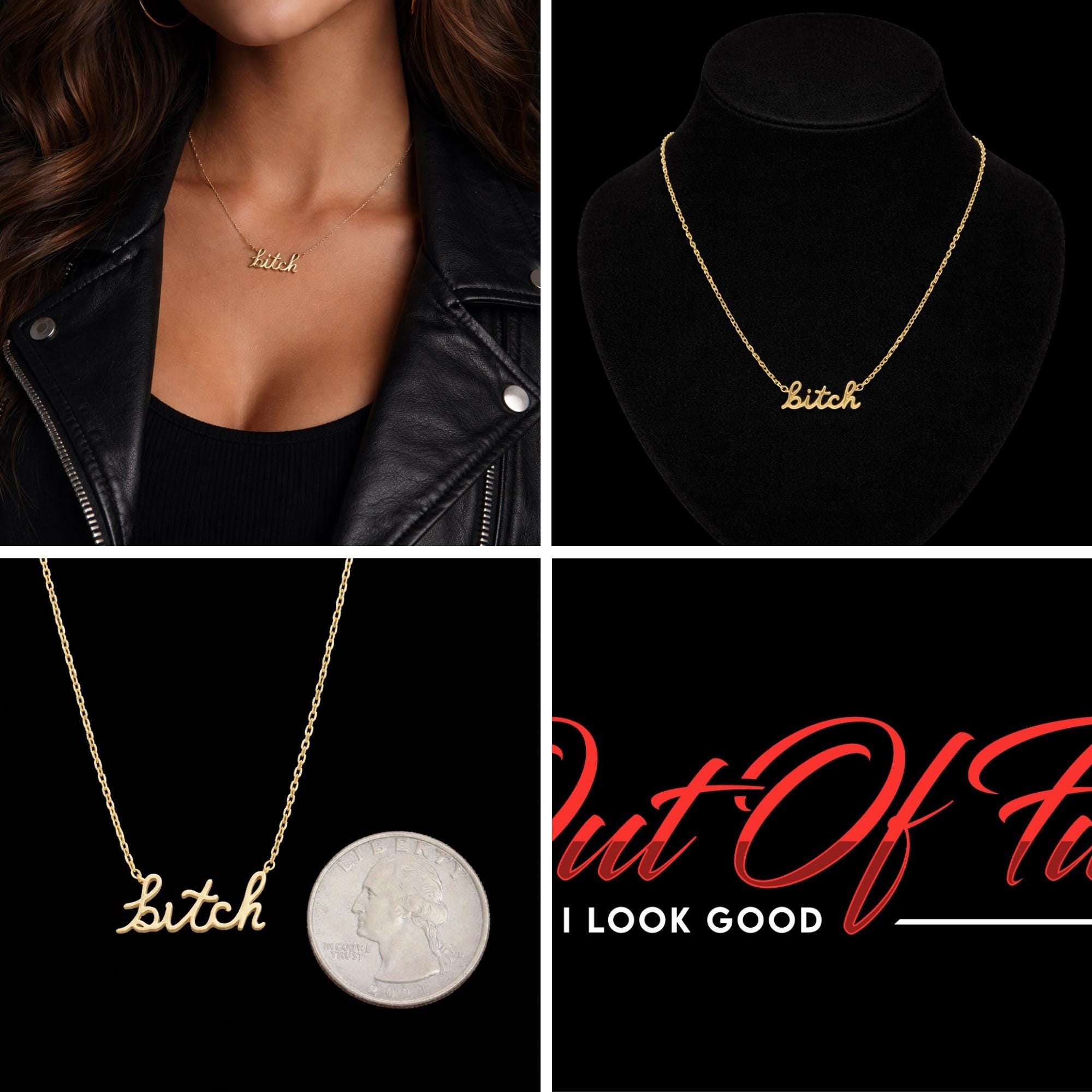 Gold Bitch Necklace, Stainless Steel Curse Word Pendant, Bold Edgy Statement Jewelry