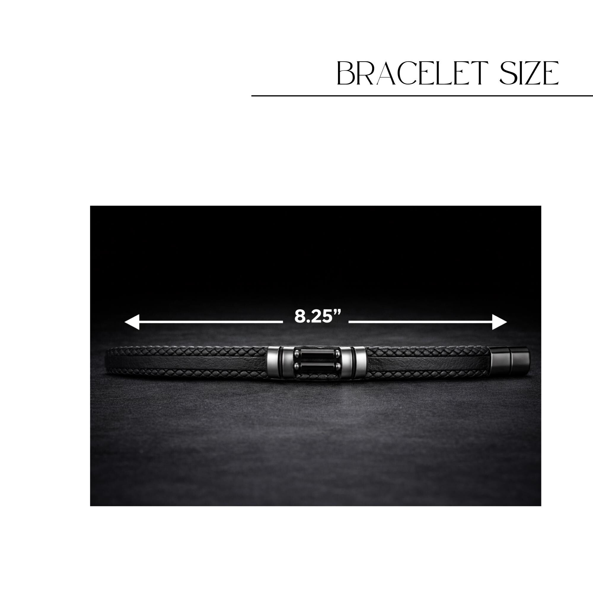 Braided Leather Biker Bracelet for Men, Black Motorcycle Style with Stone Inlay and Magnetic Clasp
