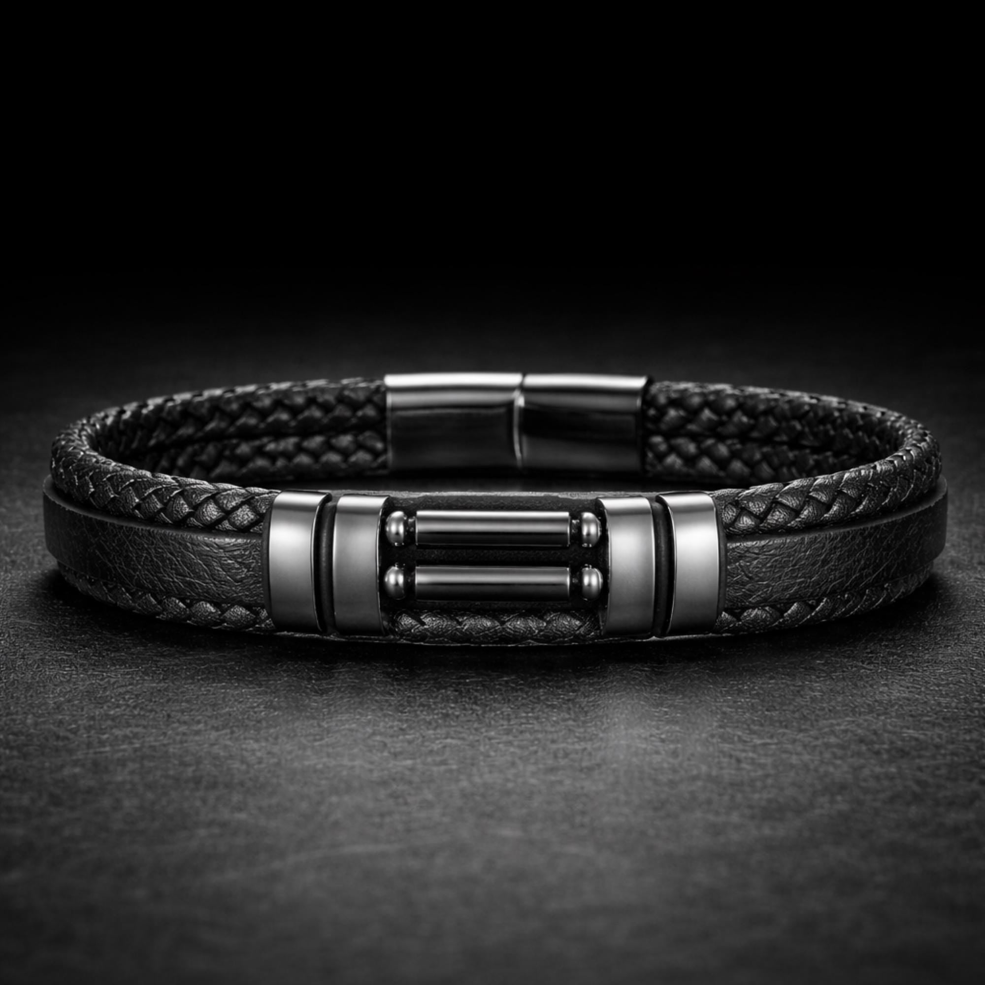 Braided Leather Biker Bracelet for Men, Black Motorcycle Style with Stone Inlay and Magnetic Clasp