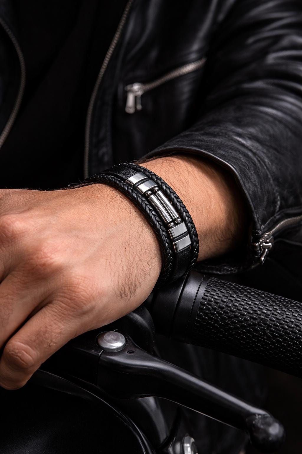 Braided Leather Biker Bracelet for Men, Black Motorcycle Style with Stone Inlay and Magnetic Clasp