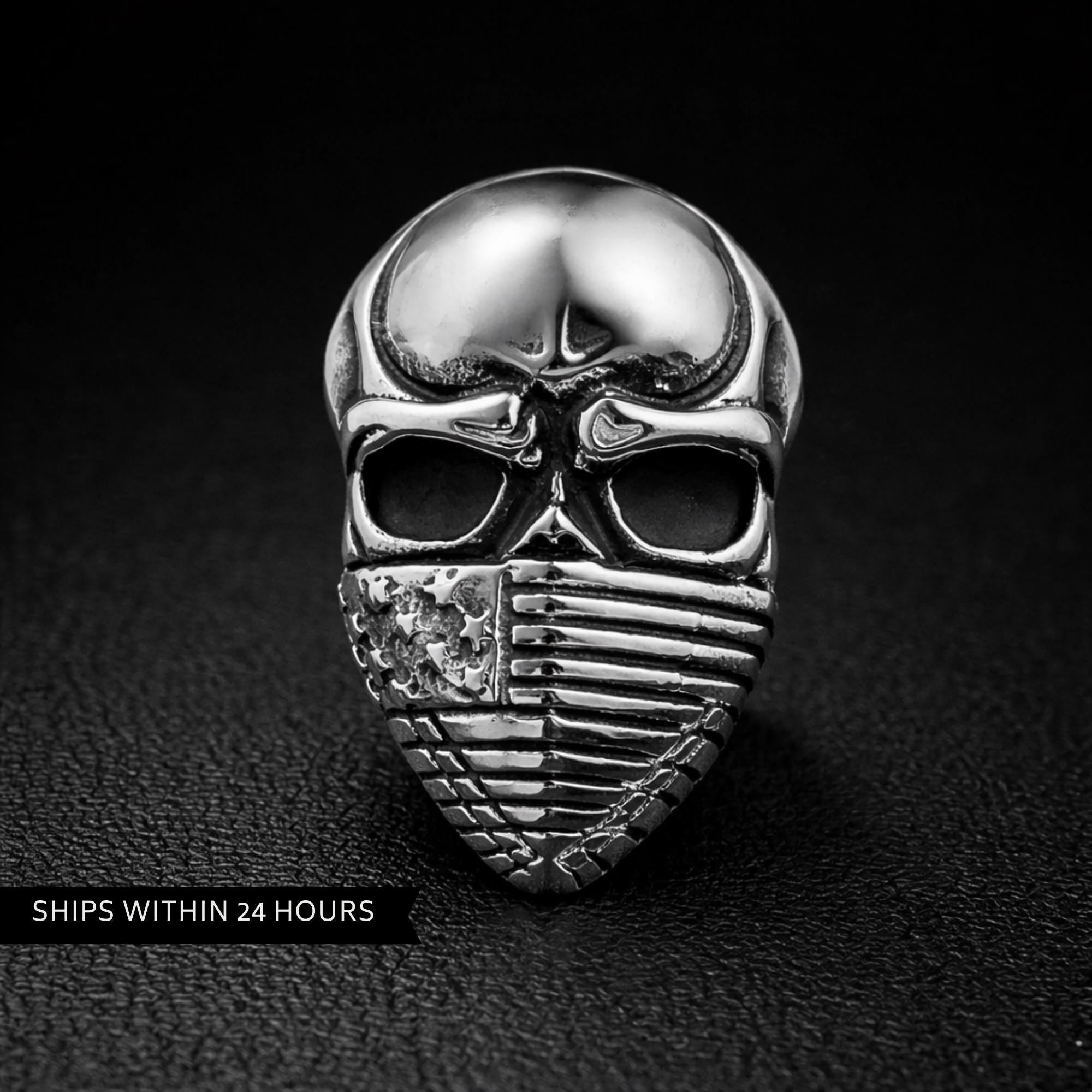 Stainless Steel American Flag Skull Ring for Men