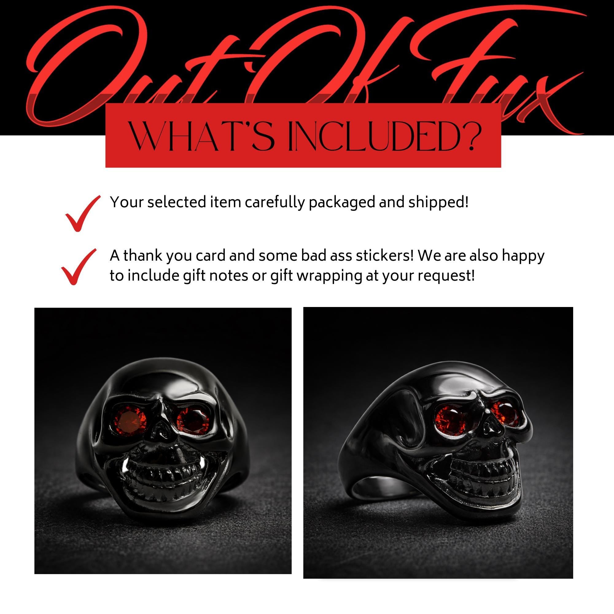 Black Stainless Steel Skull Ring for Men, Red CZ Eyes Biker Style