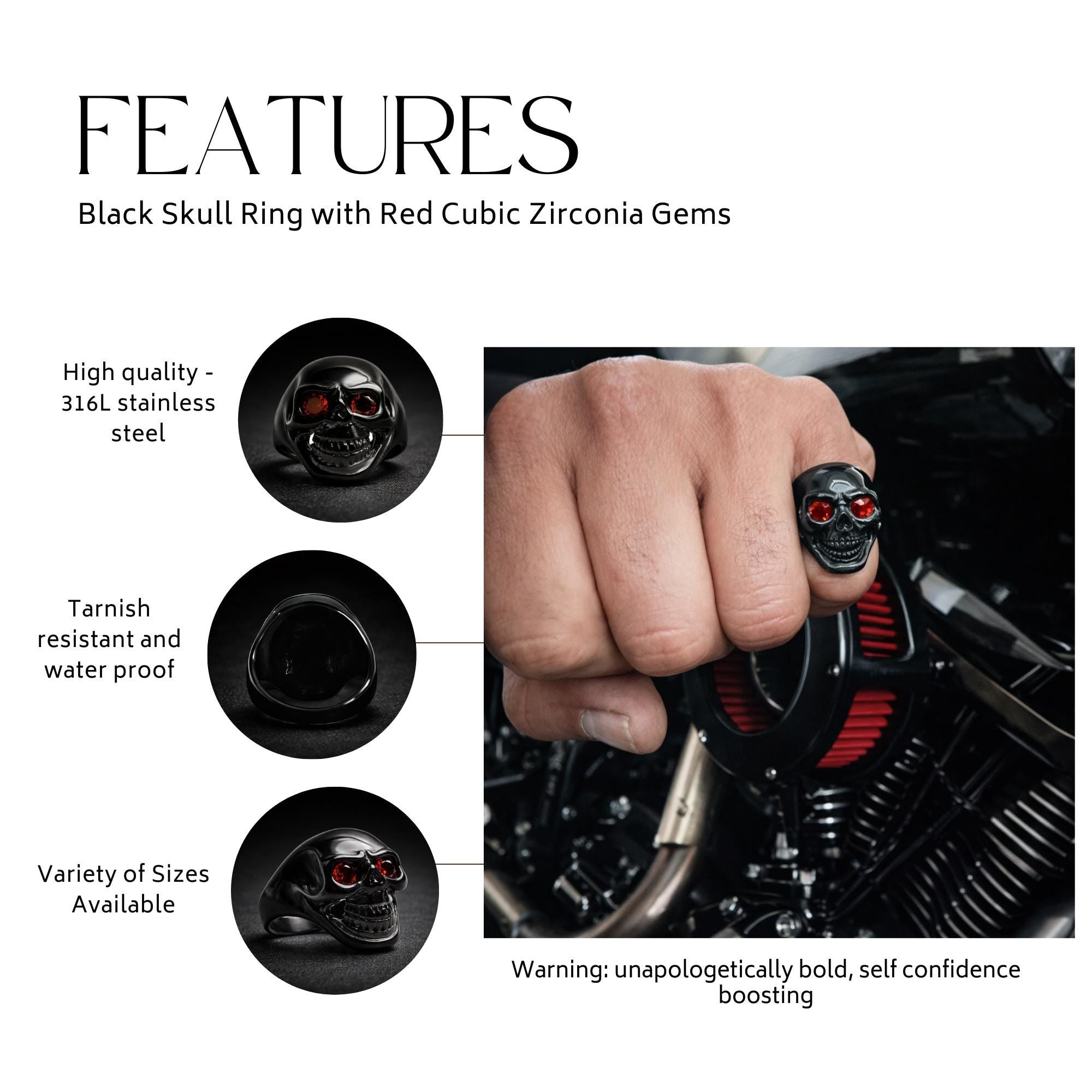 Black Stainless Steel Skull Ring for Men, Red CZ Eyes Biker Style
