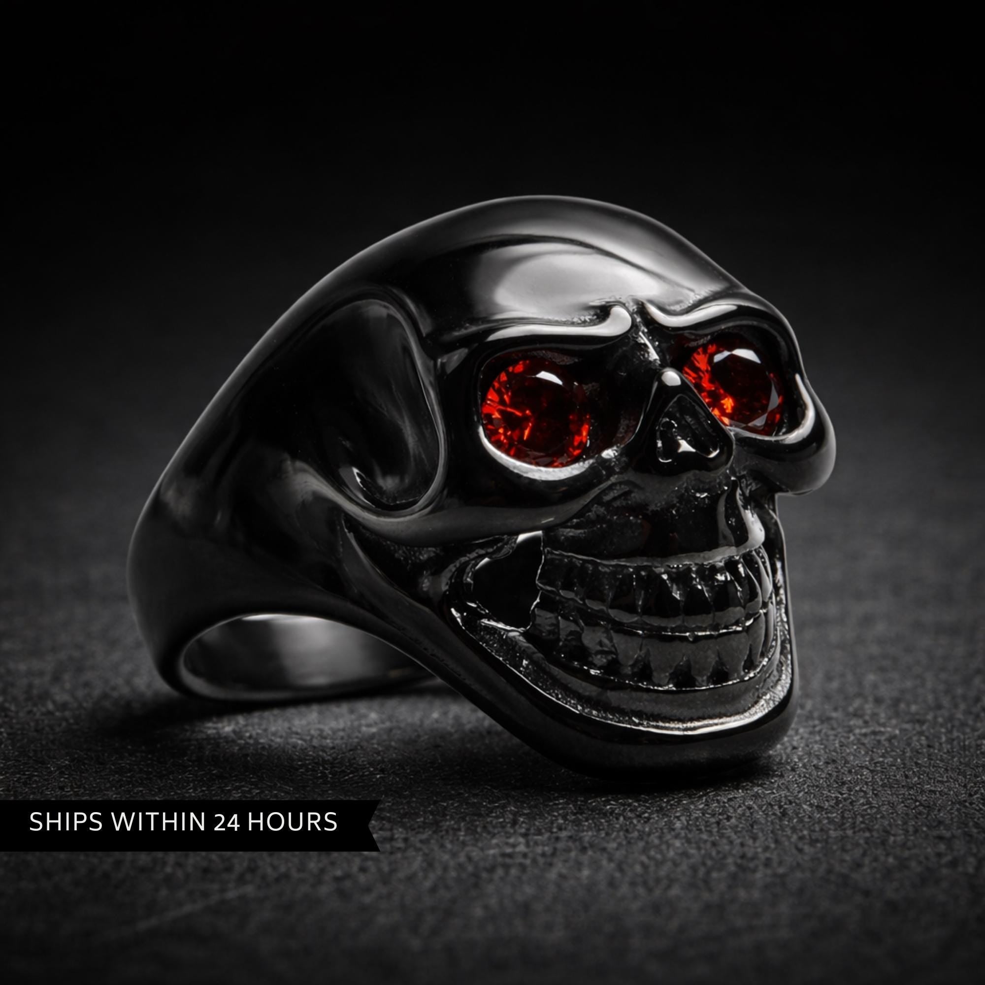Black Stainless Steel Skull Ring for Men, Red CZ Eyes Biker Style
