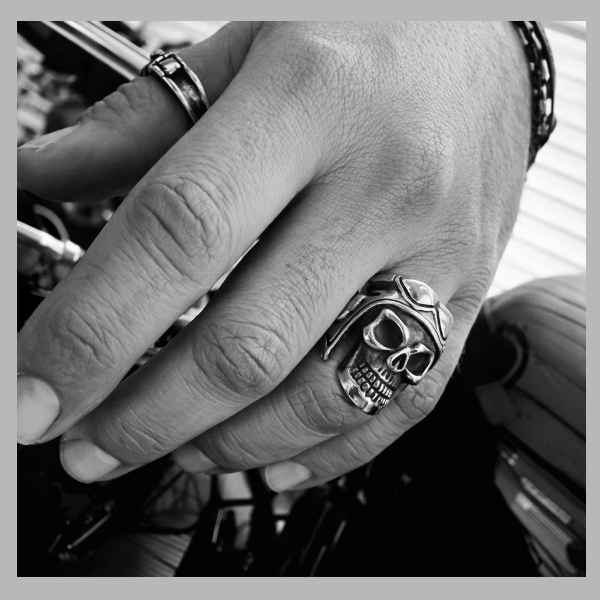 Mens Aviator Skull Ring with Helmet, Heavy Biker Statement Jewelry