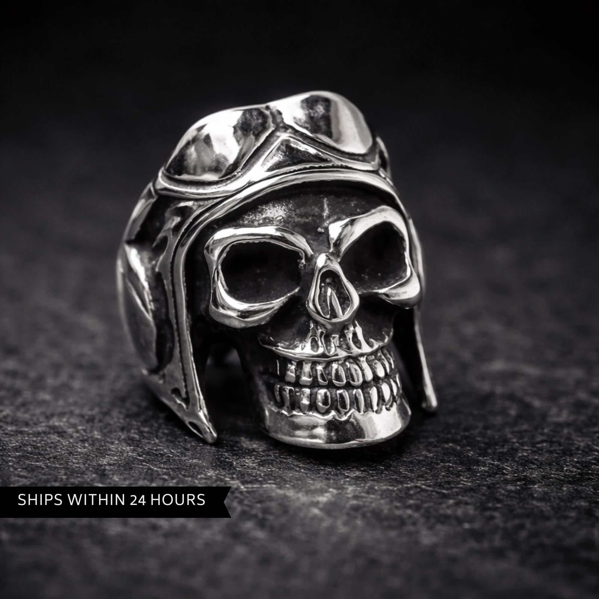 Mens Aviator Skull Ring with Helmet, Heavy Biker Statement Jewelry