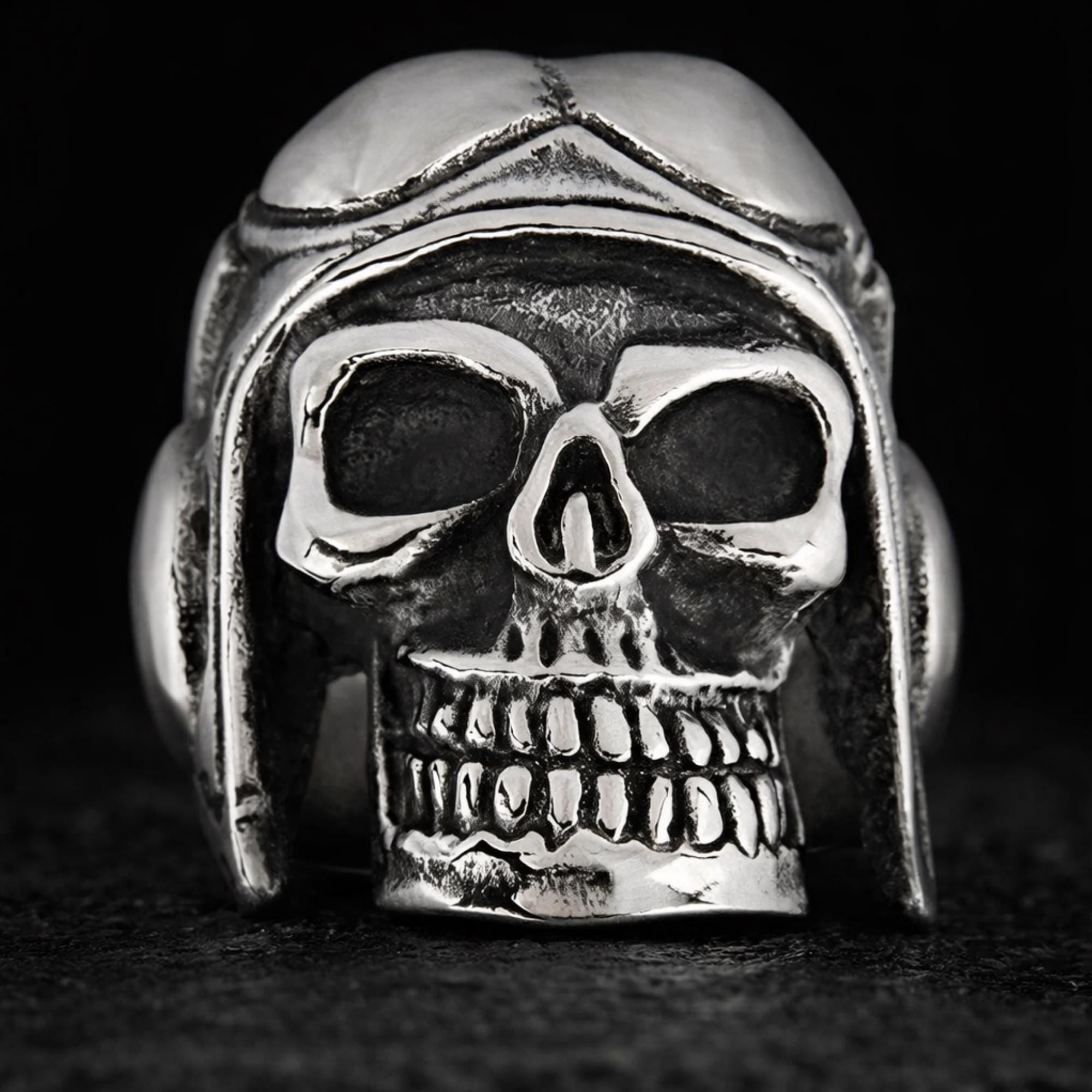 Mens Aviator Skull Ring with Helmet, Heavy Biker Statement Jewelry