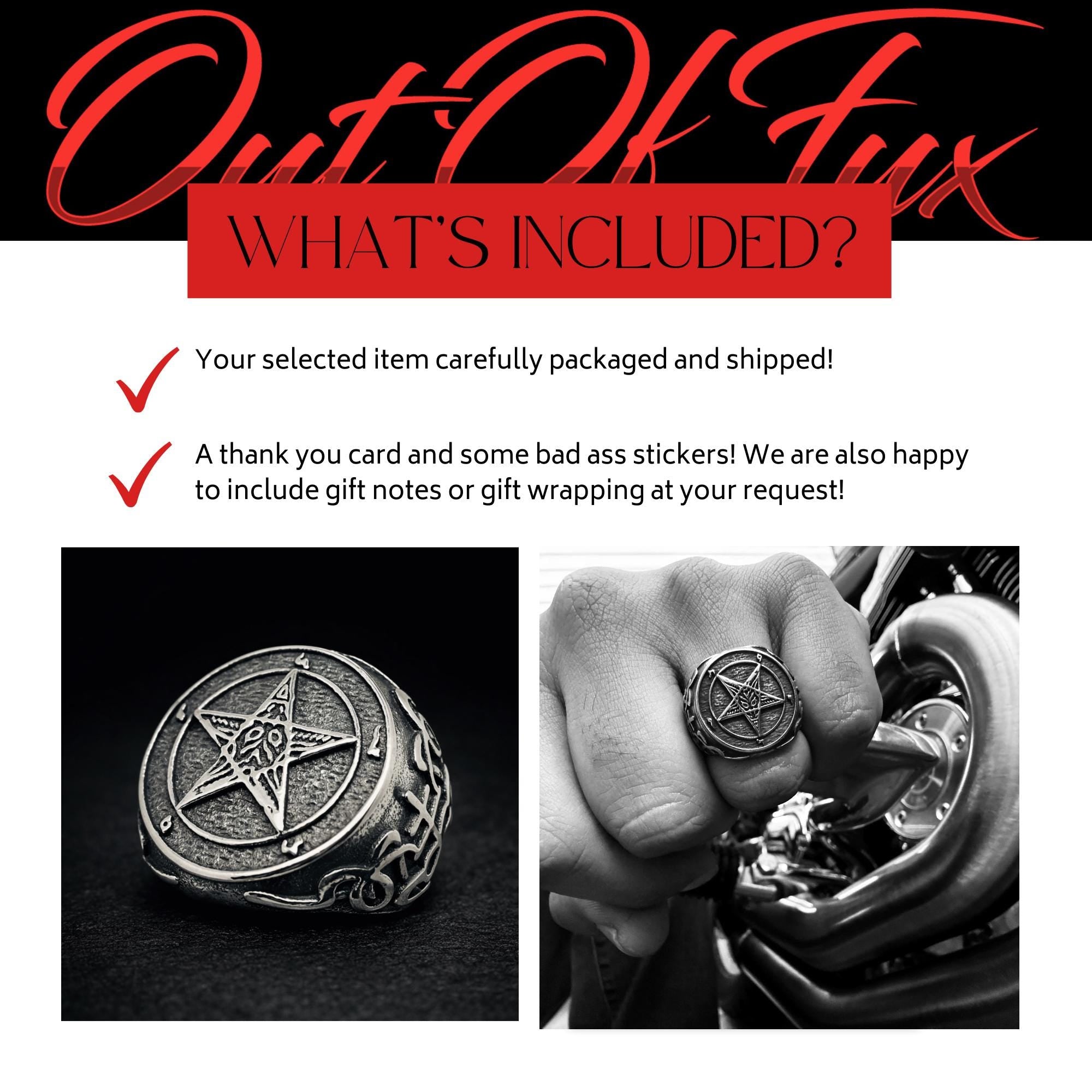 Chunky Pentagram Biker Ring, Gothic Silver Statement Ring for Men