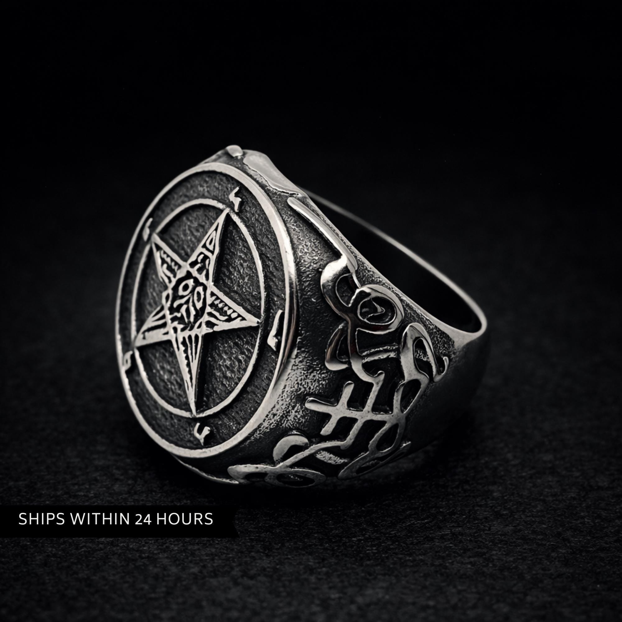 Chunky Pentagram Biker Ring, Gothic Silver Statement Ring for Men