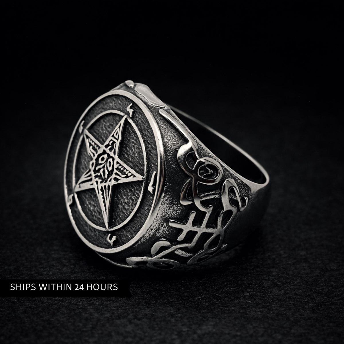 Chunky Pentagram Biker Ring, Gothic Silver Statement Ring for Men