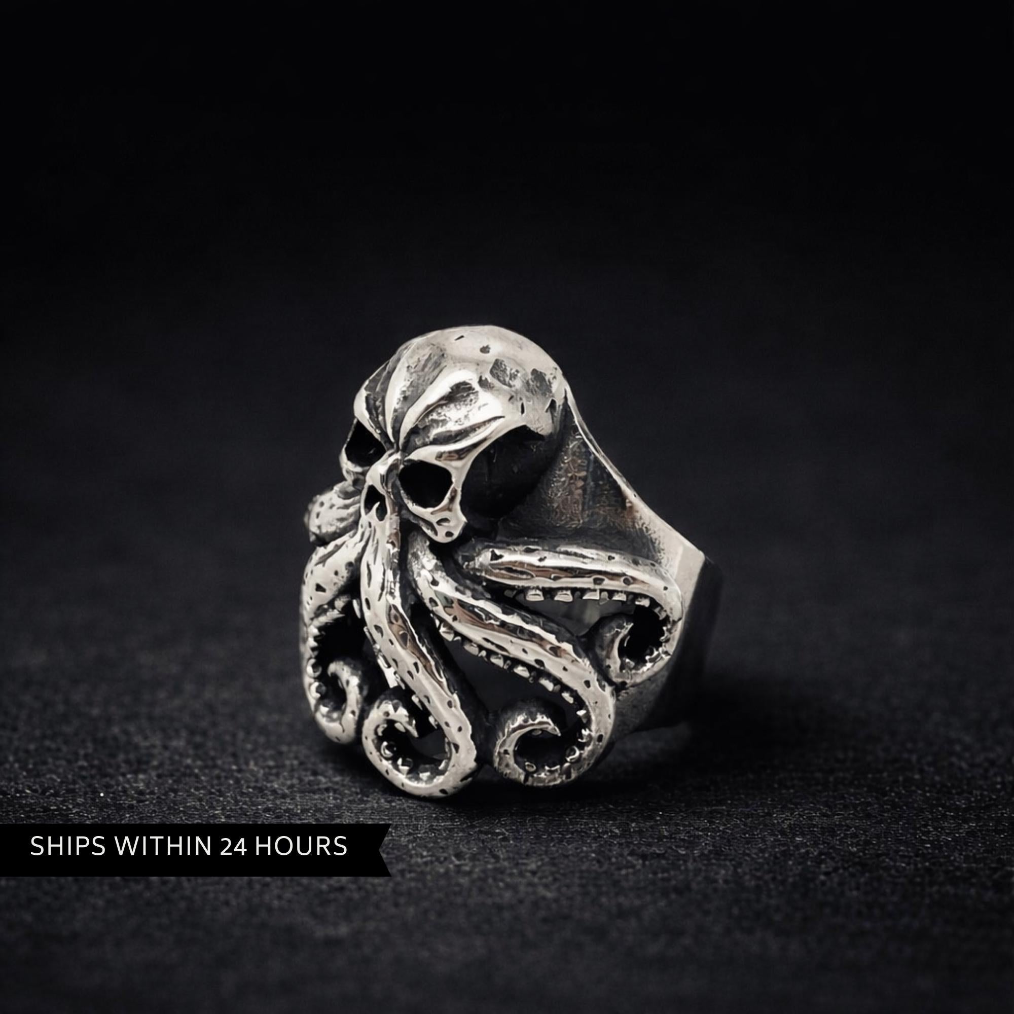 Stainless Steel Kraken Skull Ring, Gothic Octopus Biker Ring for Men