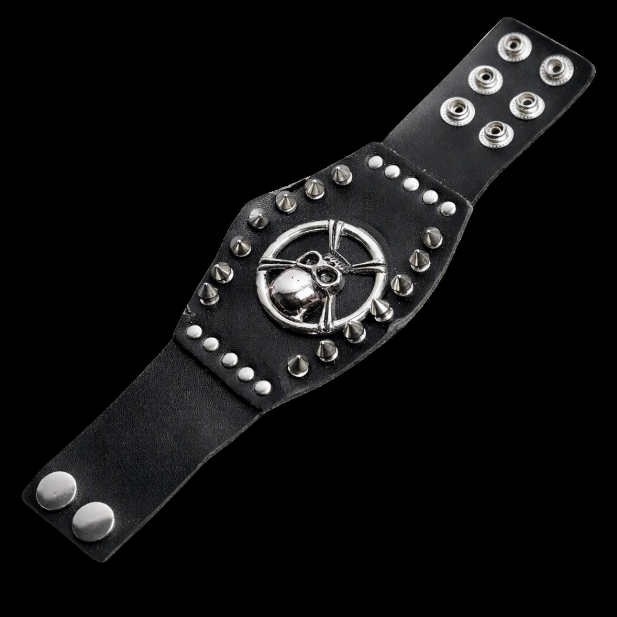 Black Leather Skull Bracelet: Stainless Steel Studded Biker Cuff