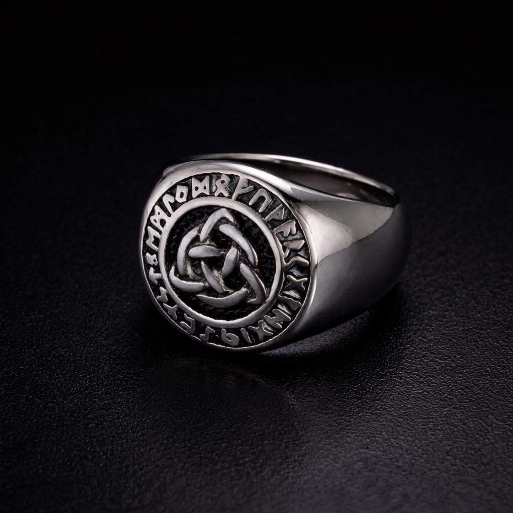 Viking Rune Statement Ring for Men, Norse Mythology Triquetra Ring