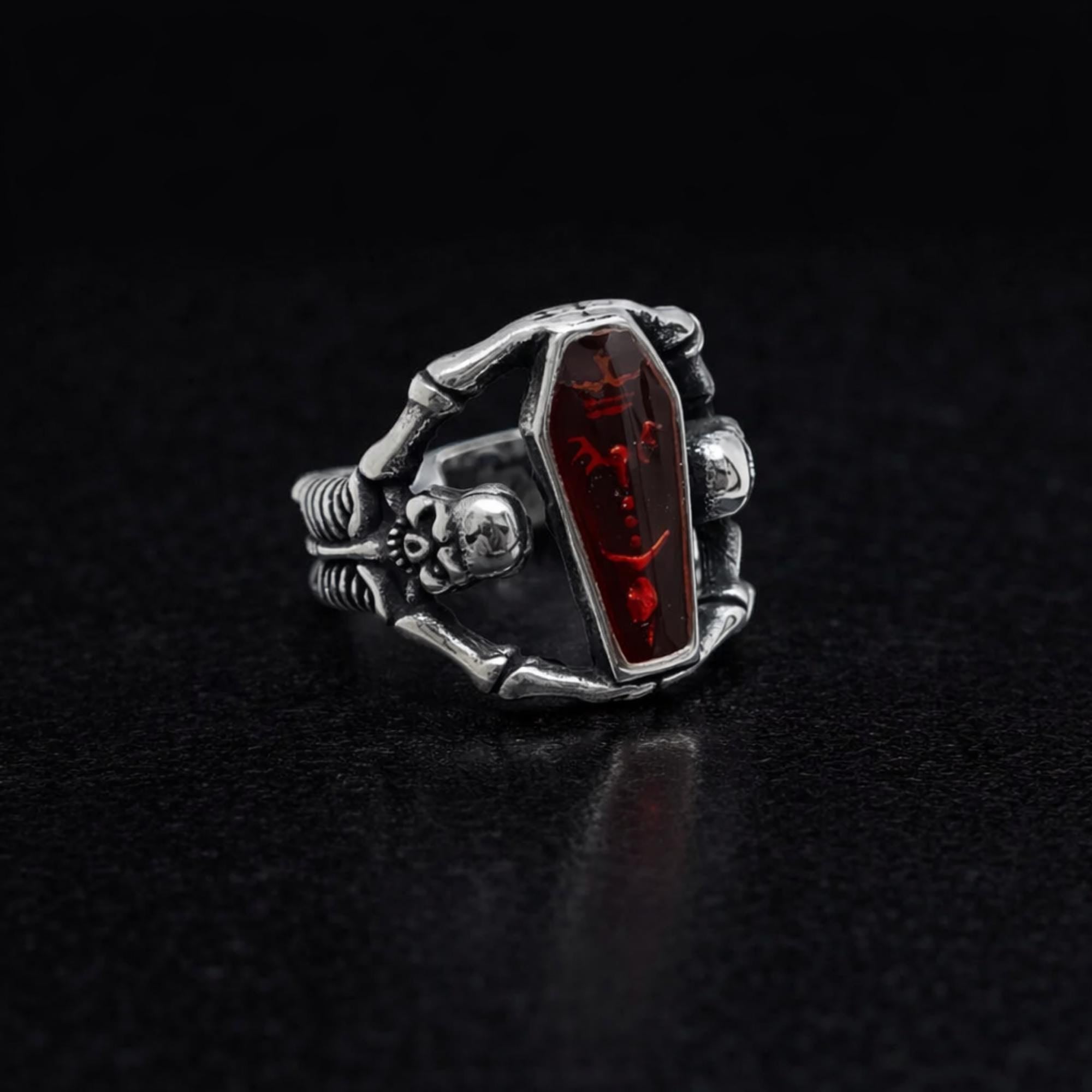 Red Coffin Skeleton Ring, Gothic Stainless Steel Statement Ring