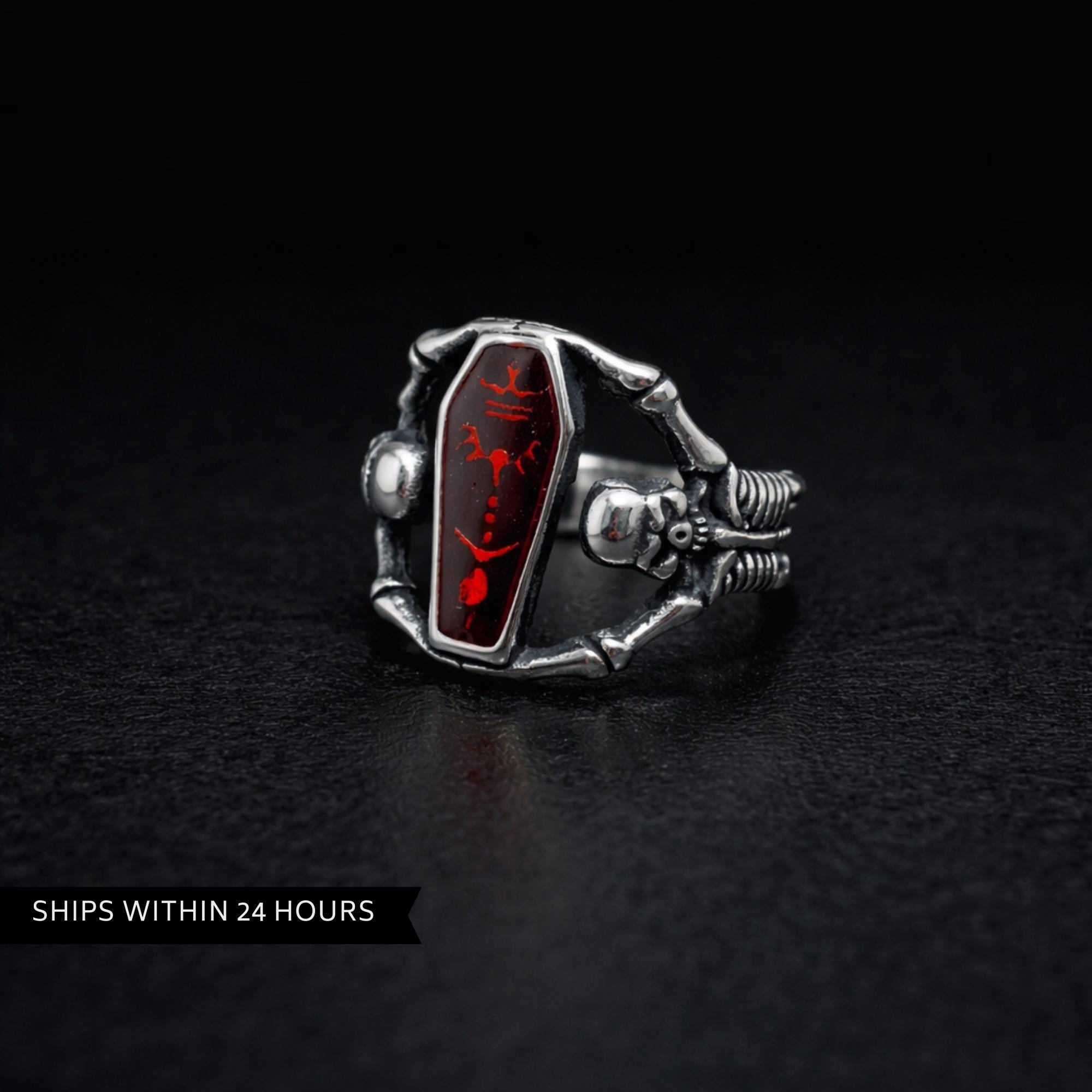 Red Coffin Skeleton Ring, Gothic Stainless Steel Statement Ring