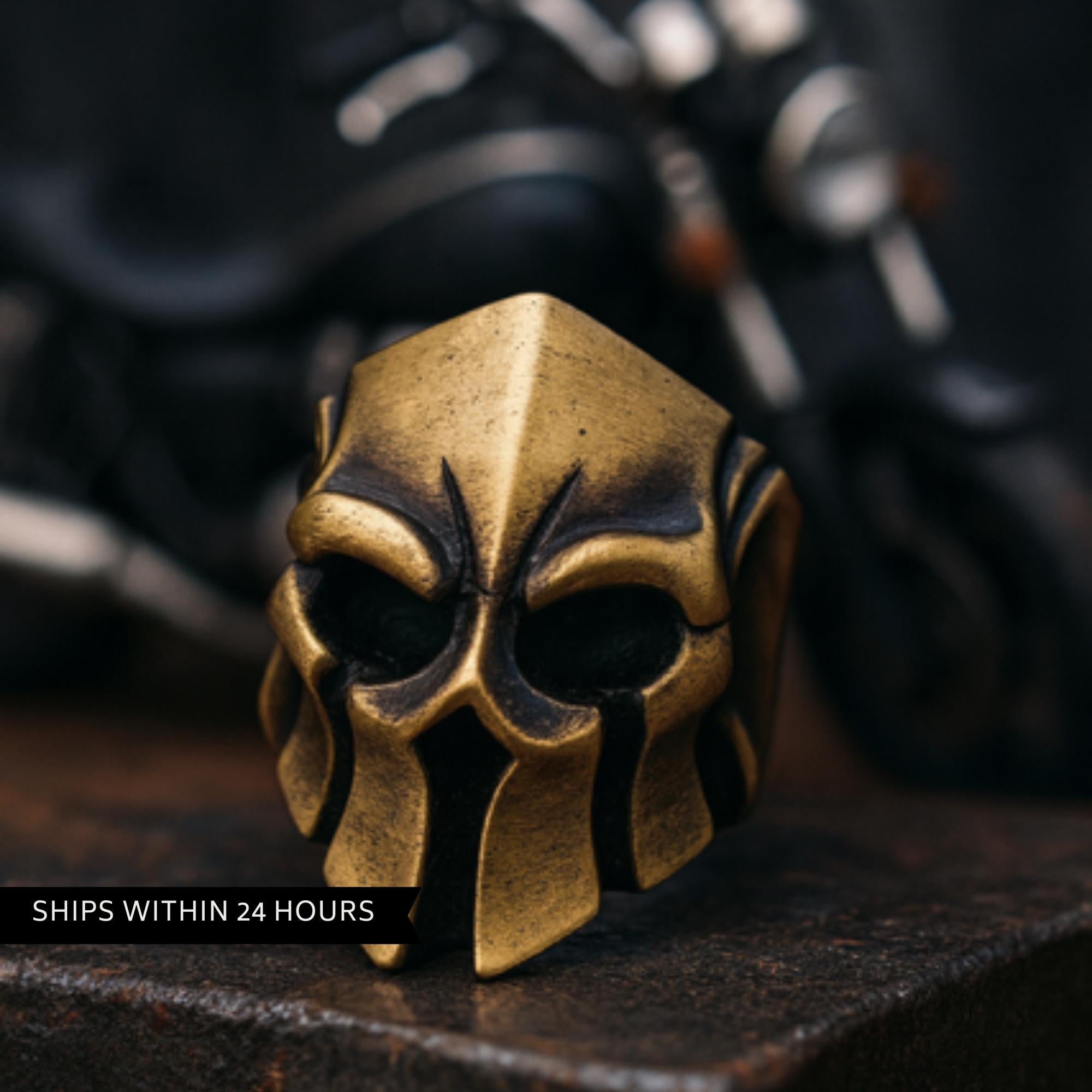 Stainless Steel Biker Skull Ring: Antique Brass Warrior Helmet Design