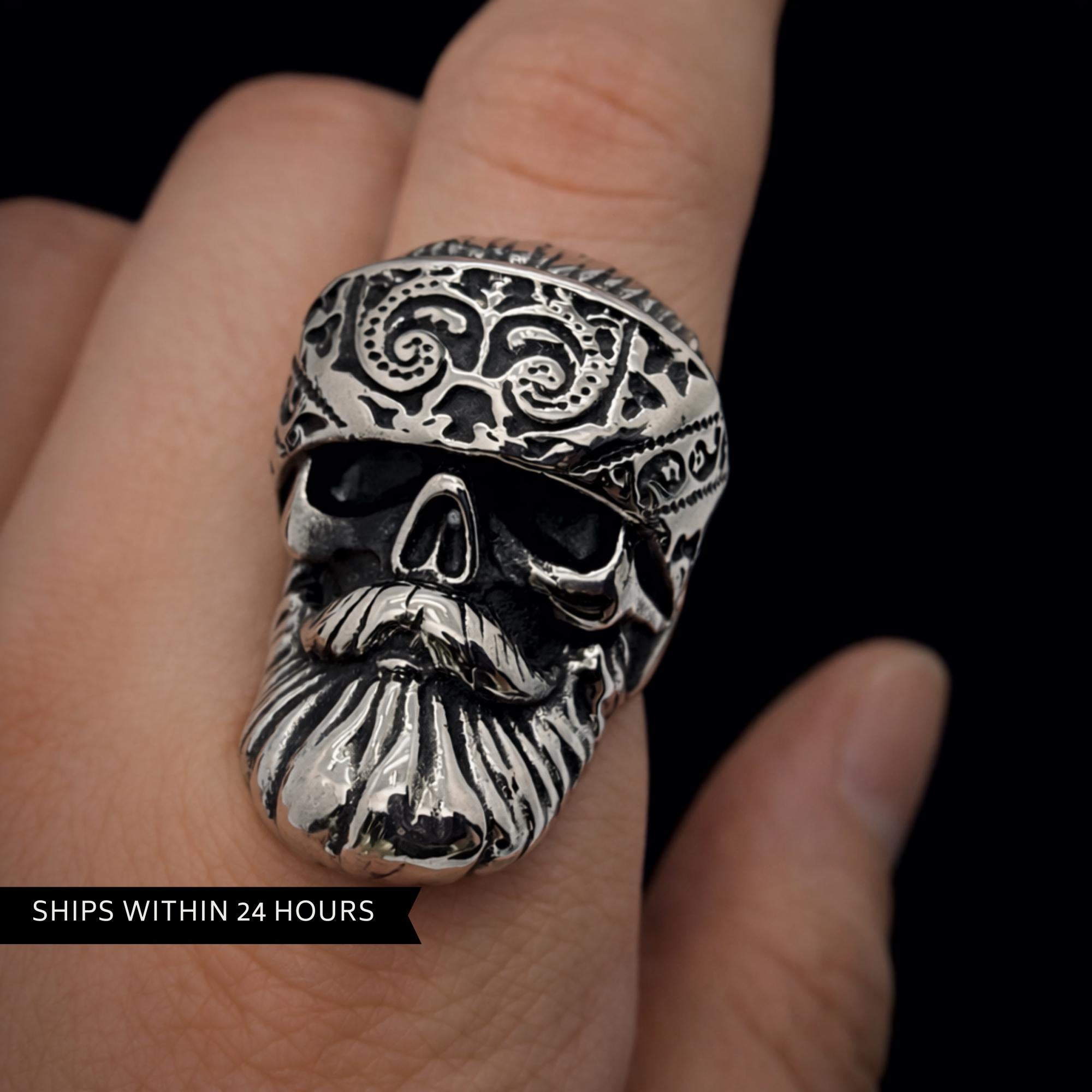 Heavy Bandana Skull Ring for Men, 316L Stainless Steel Biker Statement Ring
