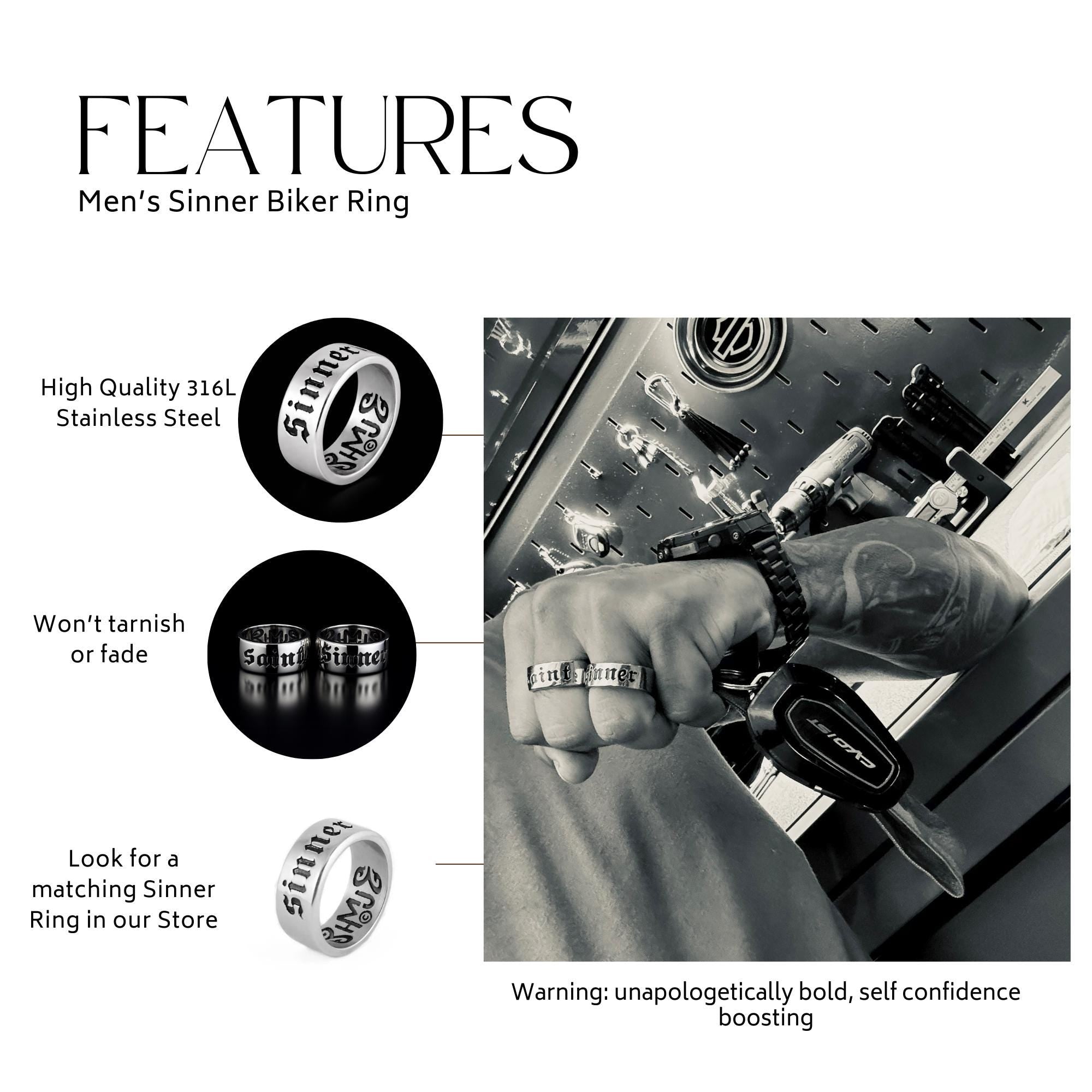 Sinner Stainless Steel Biker Ring, Bold Engraved Statement Ring for Men