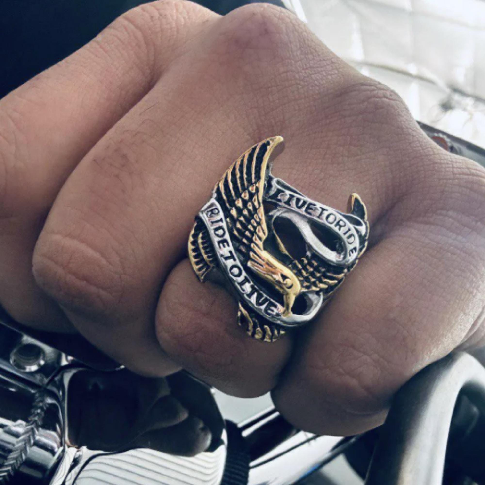 18K Gold Plated Eagle Biker Ring, Bold Statement Jewelry for Men