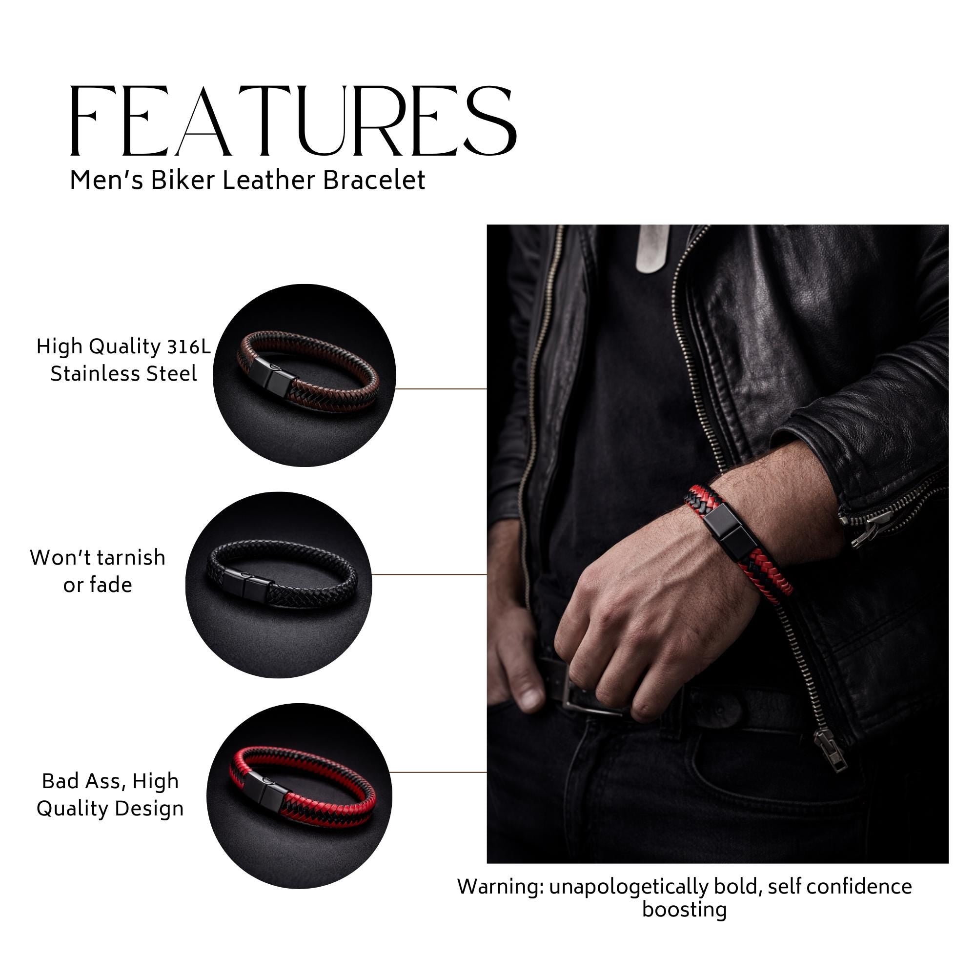 Braided Leather Bracelet for Men, Biker Style Genuine Leather Wristband with Steel Clasp