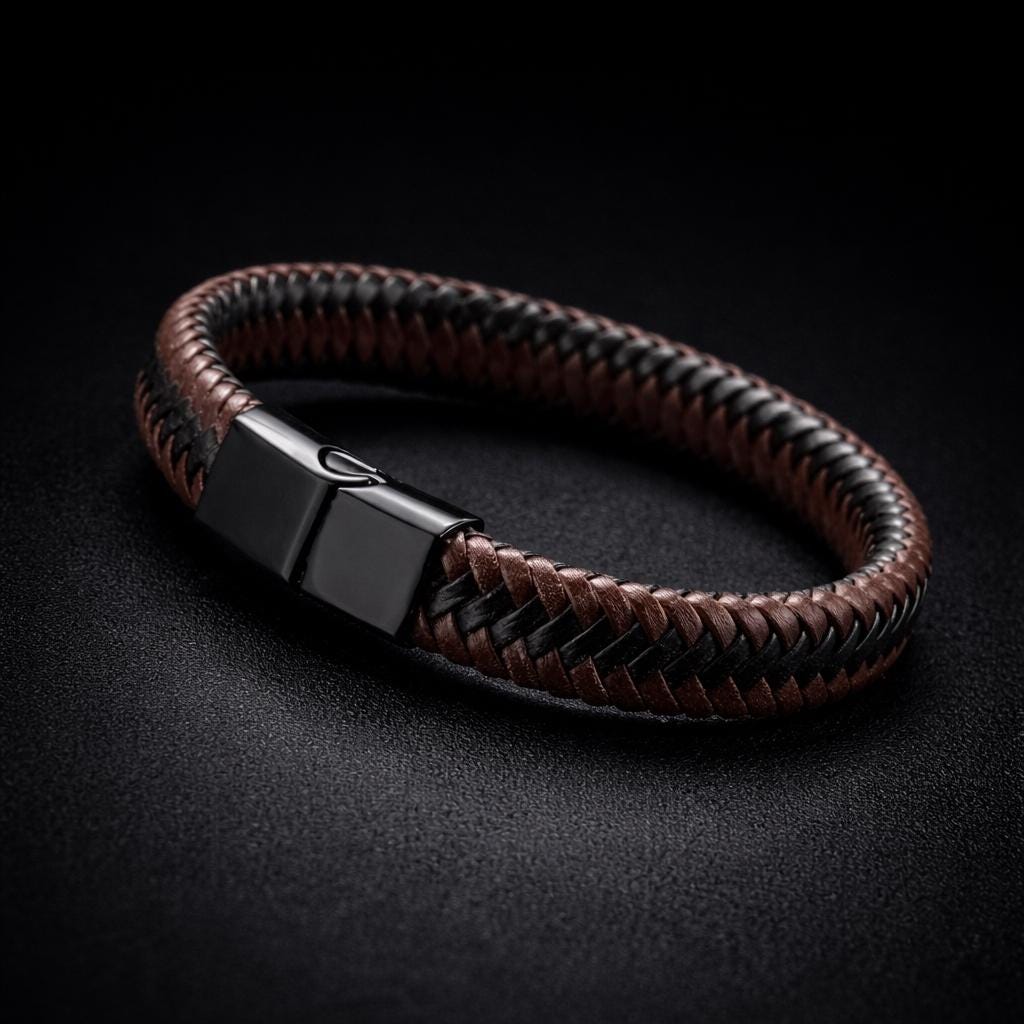 Braided Leather Bracelet for Men, Biker Style Genuine Leather Wristband with Steel Clasp