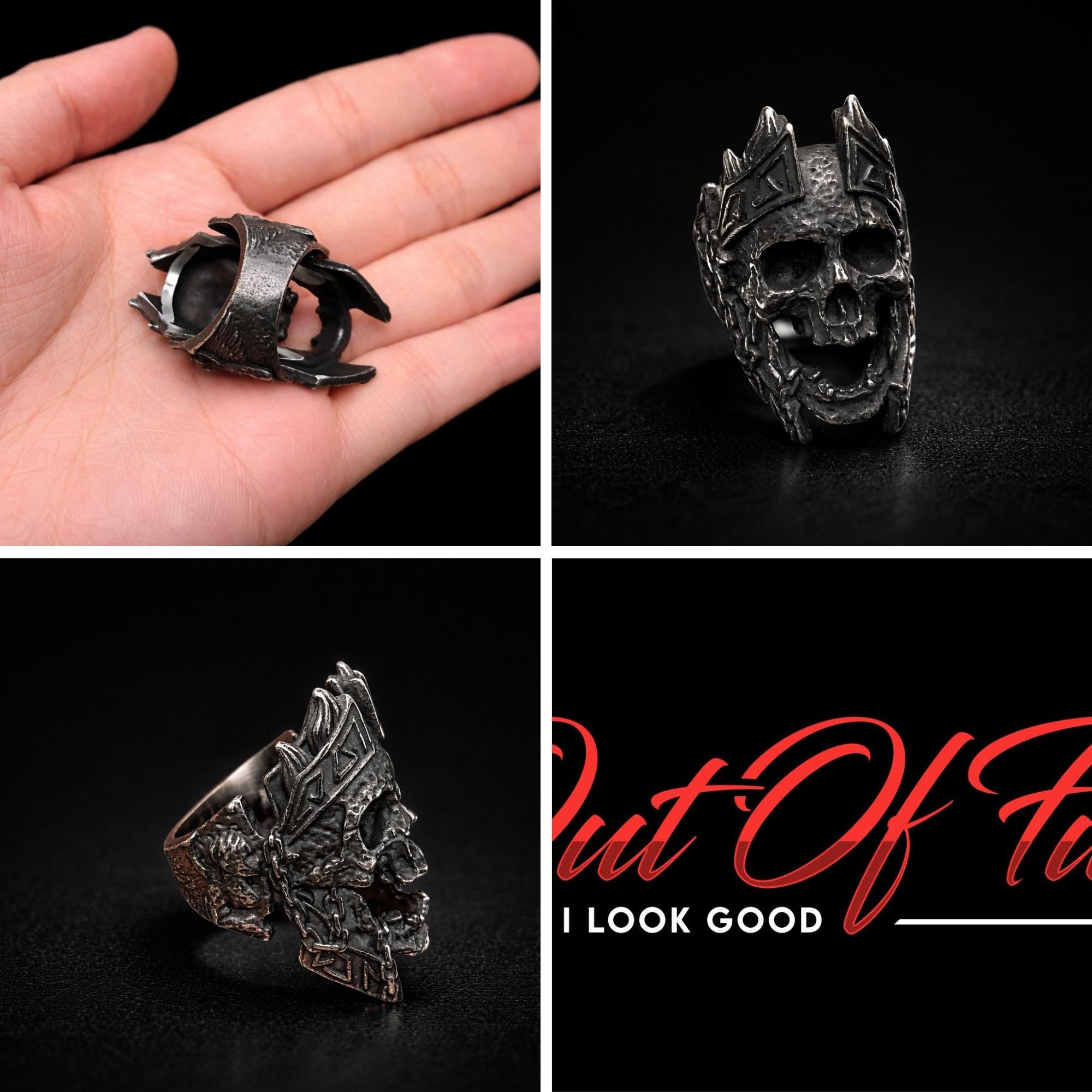 Blackened Stainless Steel Skull Ring for Men, Biker Gothic Statement Ring