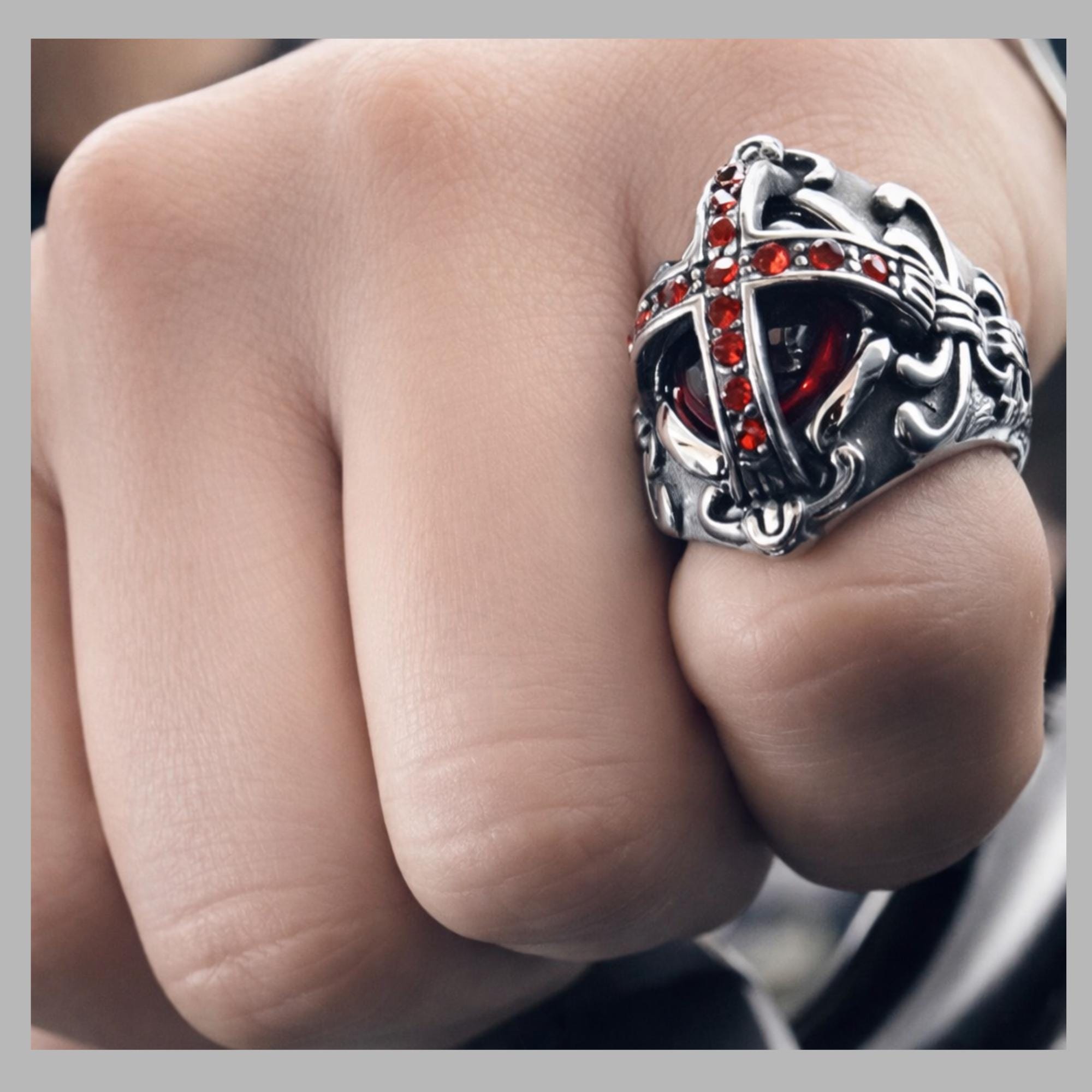 Gothic Red Stone Cross Ring for Men, Stainless Steel Biker Statement Ring