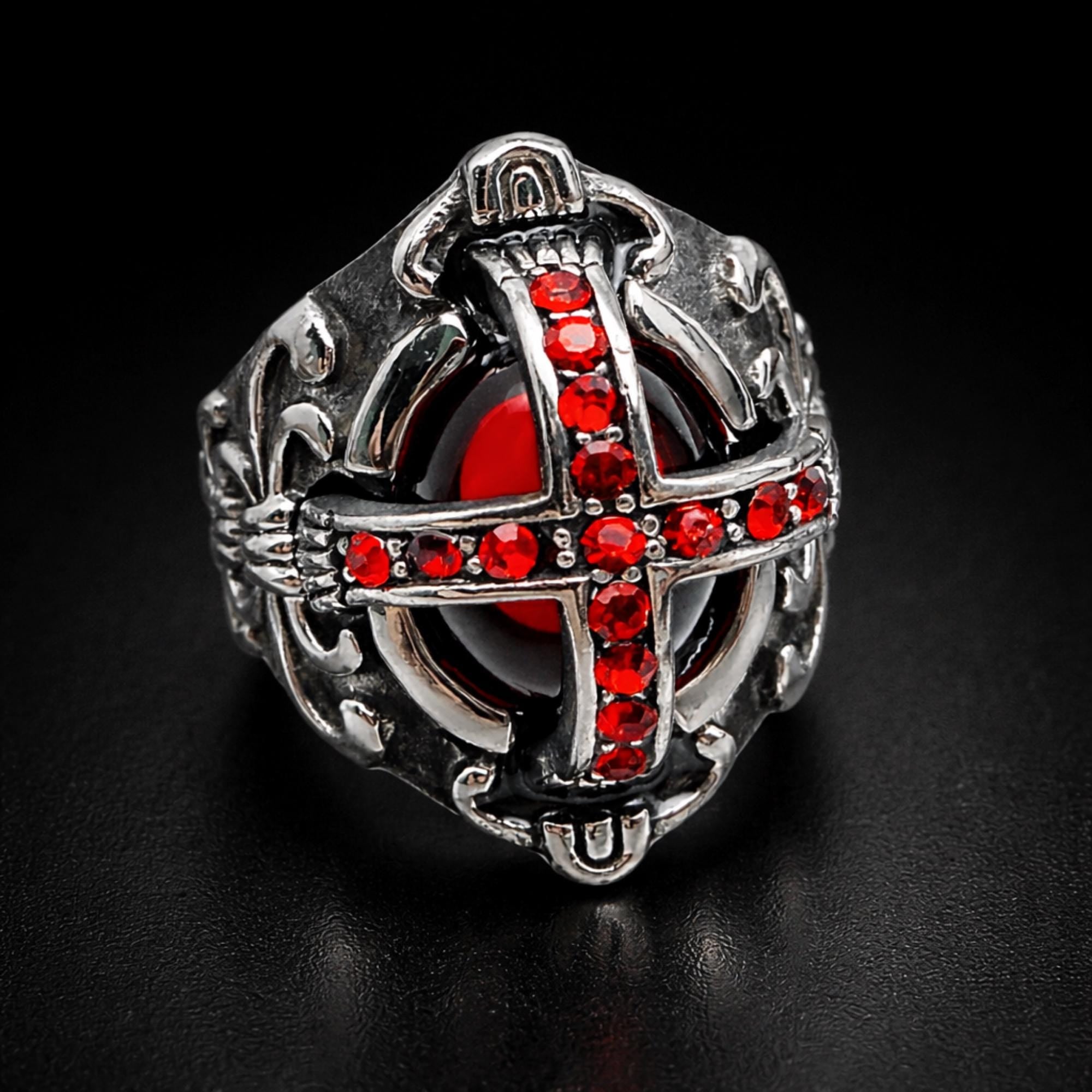 Gothic Red Stone Cross Ring for Men, Stainless Steel Biker Statement Ring