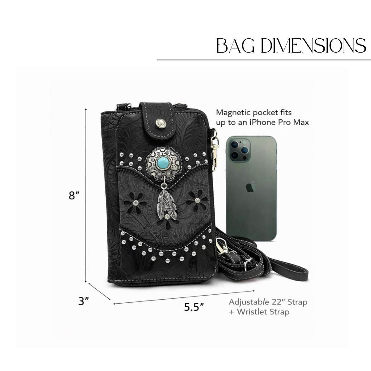Black and Gray Western Phone Crossbody, Tooled Leather Cowgirl Phone Bag
