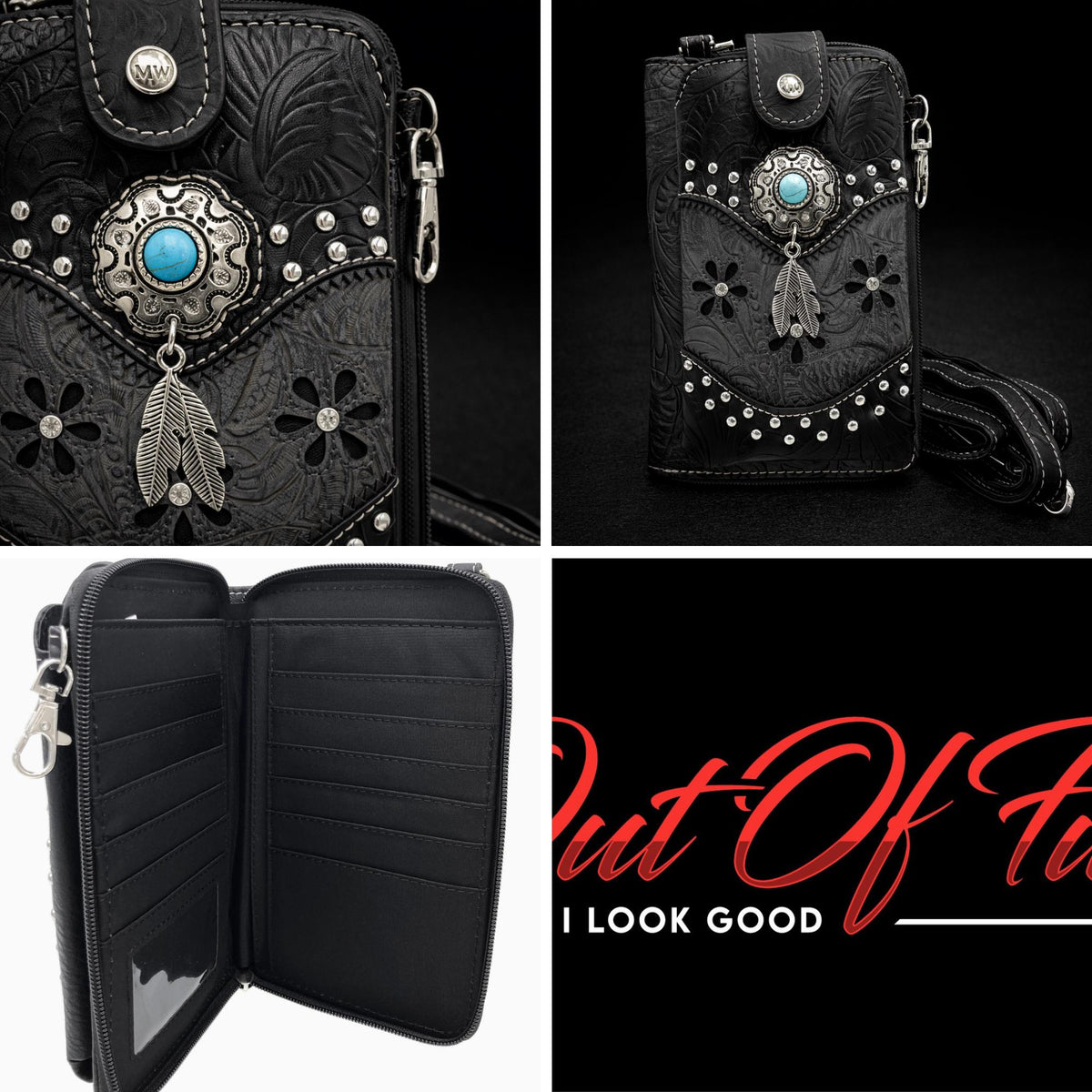 Black and Gray Western Phone Crossbody, Tooled Leather Cowgirl Phone Bag